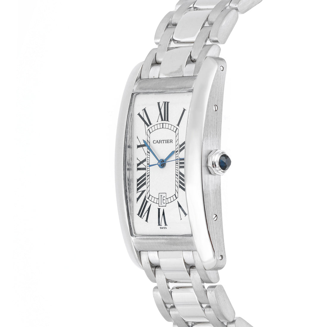 Cartier Tank Américaine 27x45 mm White Gold 1741 Guilloché Silver Dial | Roman Numerals hour markers, Smooth bezel