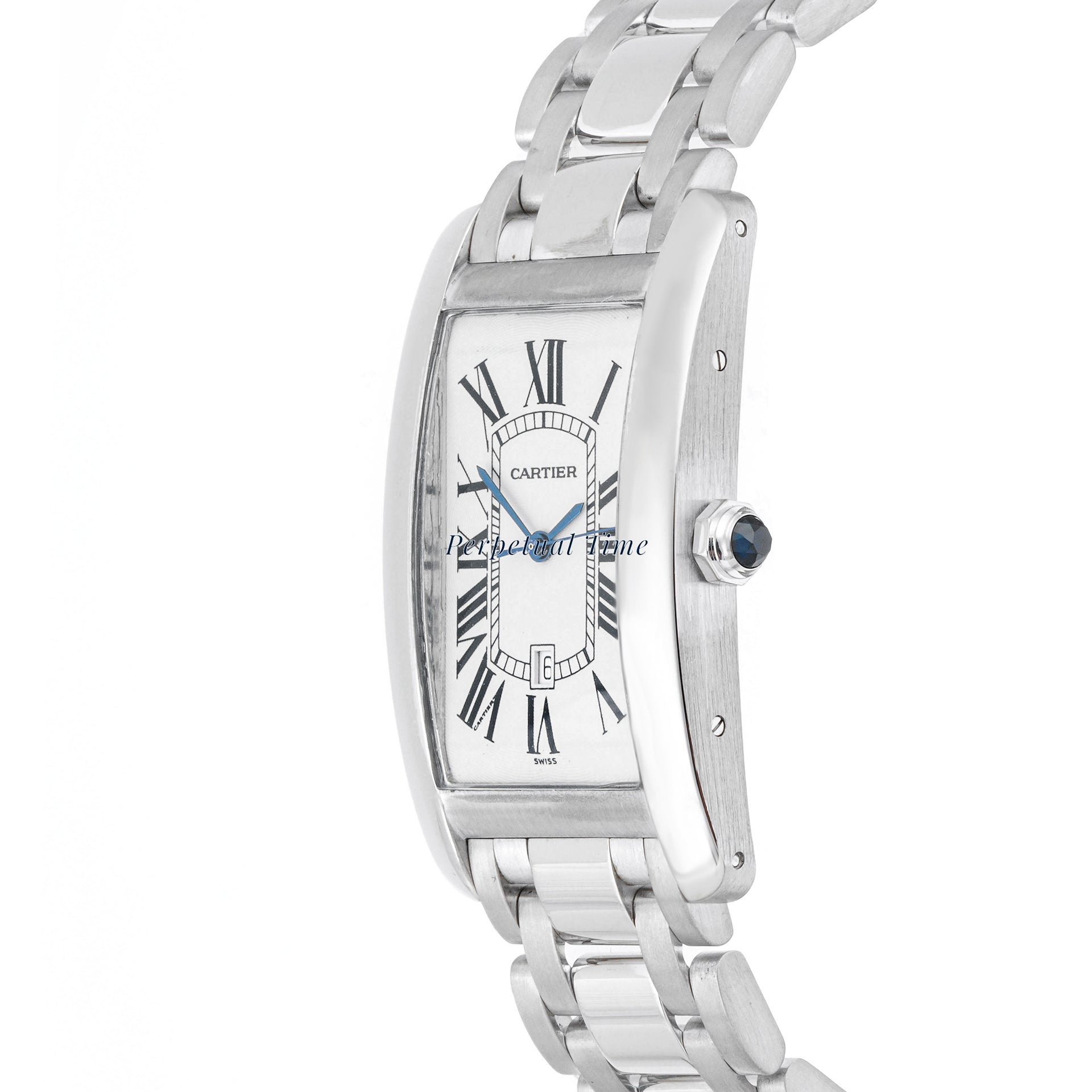 Cartier Tank Américaine 27x45 mm White Gold 1741 Guilloché Silver Dial | Roman Numerals hour markers, Smooth bezel