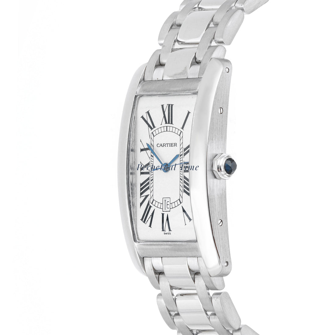 Cartier Tank Américaine 27x45 mm White Gold 1741 Guilloché Silver Dial | Roman Numerals hour markers, Smooth bezel