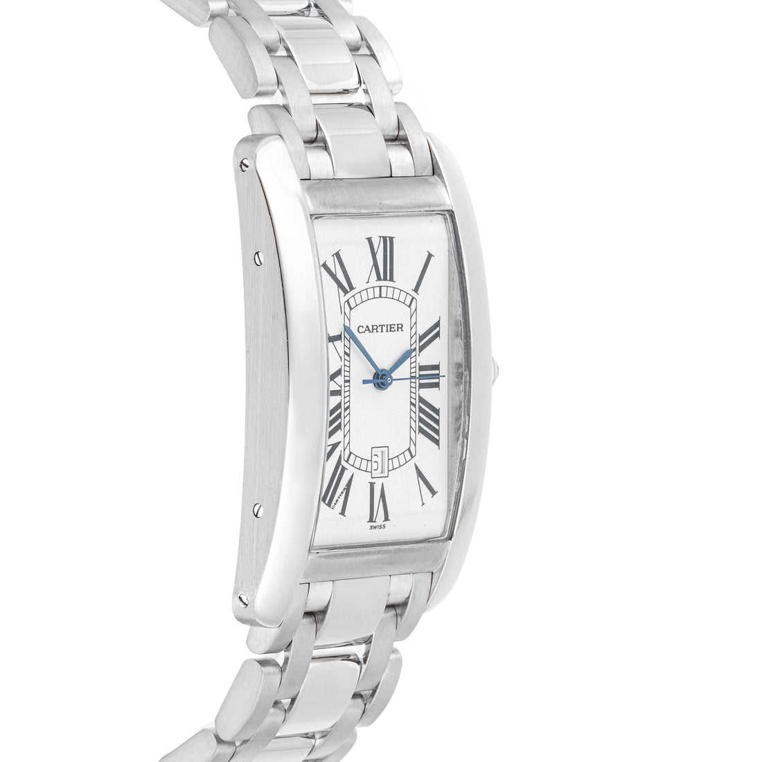 Cartier Tank Américaine 27x45 mm White Gold 1741 Guilloché Silver Dial | Roman Numerals hour markers, Smooth bezel