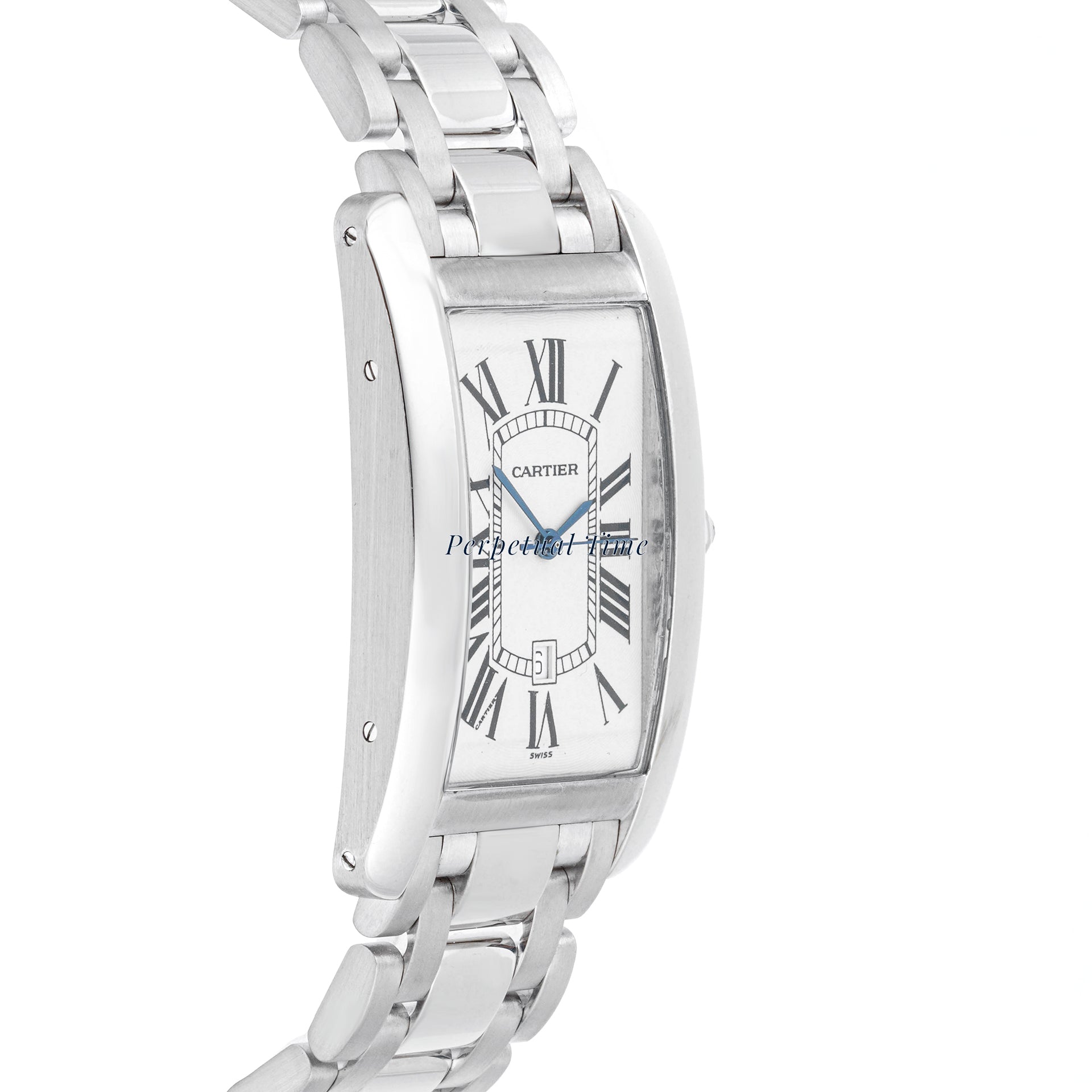 Cartier Tank Américaine 27x45 mm White Gold 1741 Guilloché Silver Dial | Roman Numerals hour markers, Smooth bezel