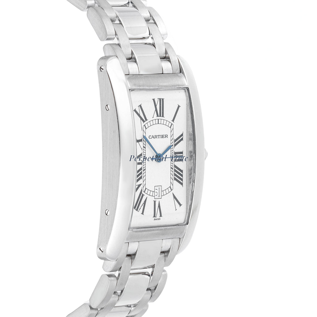 Cartier Tank Américaine 27x45 mm White Gold 1741 Guilloché Silver Dial | Roman Numerals hour markers, Smooth bezel