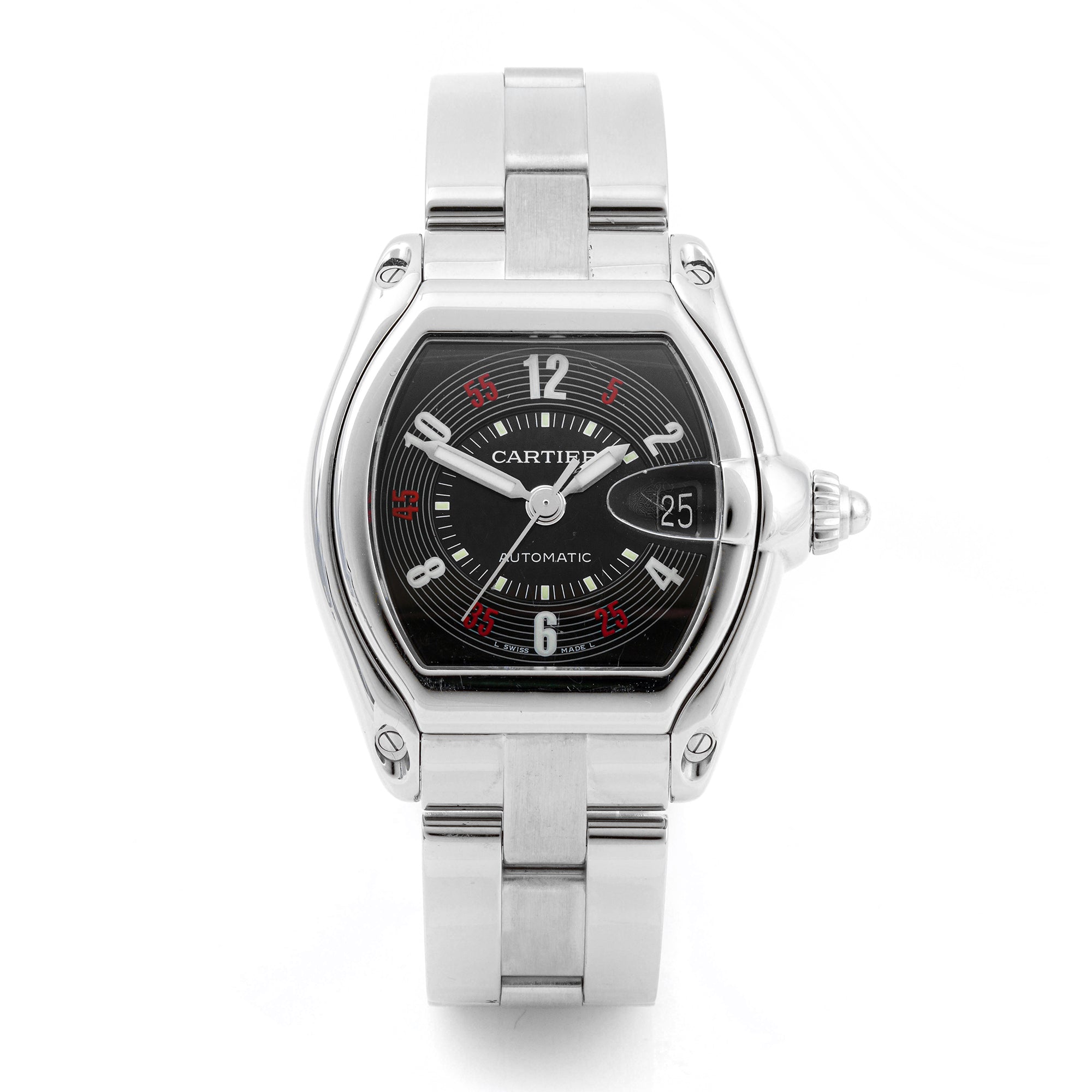 Cartier Roadster 37x44 mm Stainless Steel 2510 Black Dial | Roman Numerals hour markers, Smooth bezel