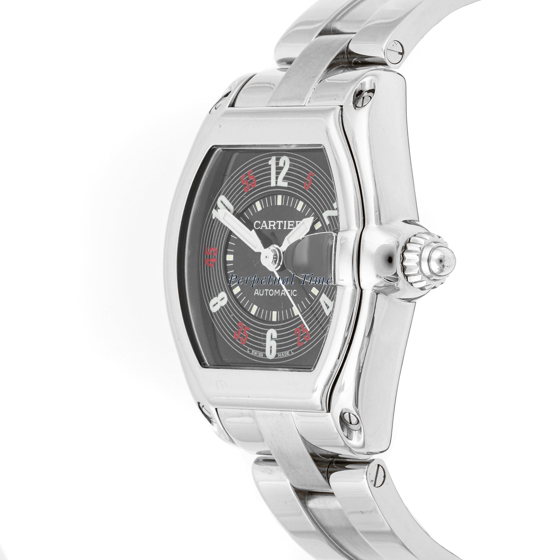 Cartier Roadster 37x44 mm Stainless Steel 2510 Black Dial | Roman Numerals hour markers, Smooth bezel
