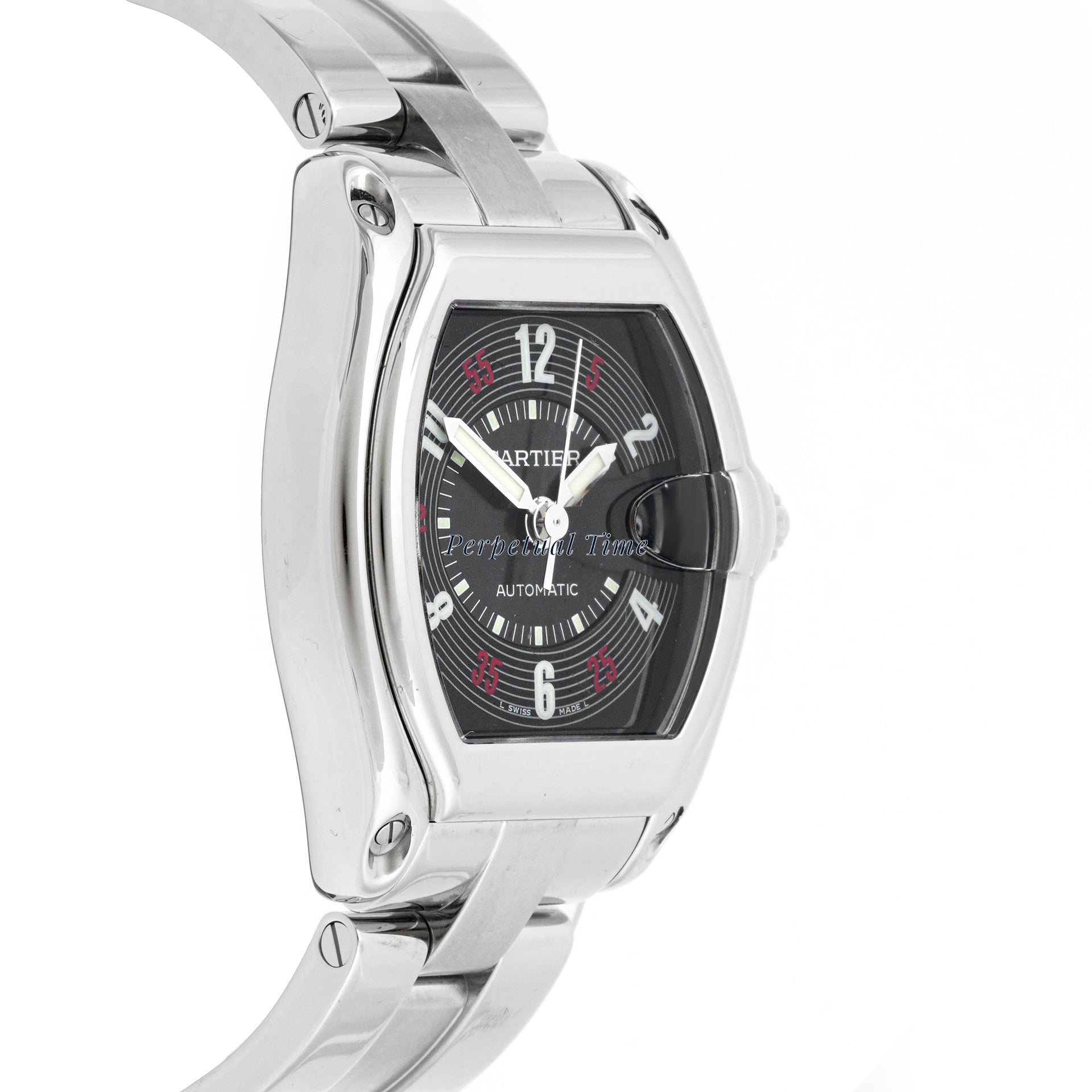 Cartier Roadster 37x44 mm Stainless Steel 2510 Black Dial | Roman Numerals hour markers, Smooth bezel