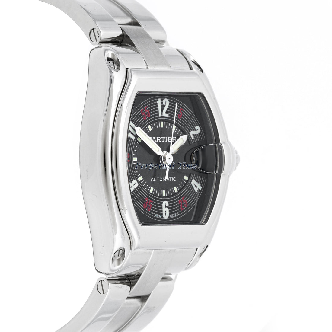 Cartier Roadster 37x44 mm Stainless Steel 2510 Black Dial | Roman Numerals hour markers, Smooth bezel