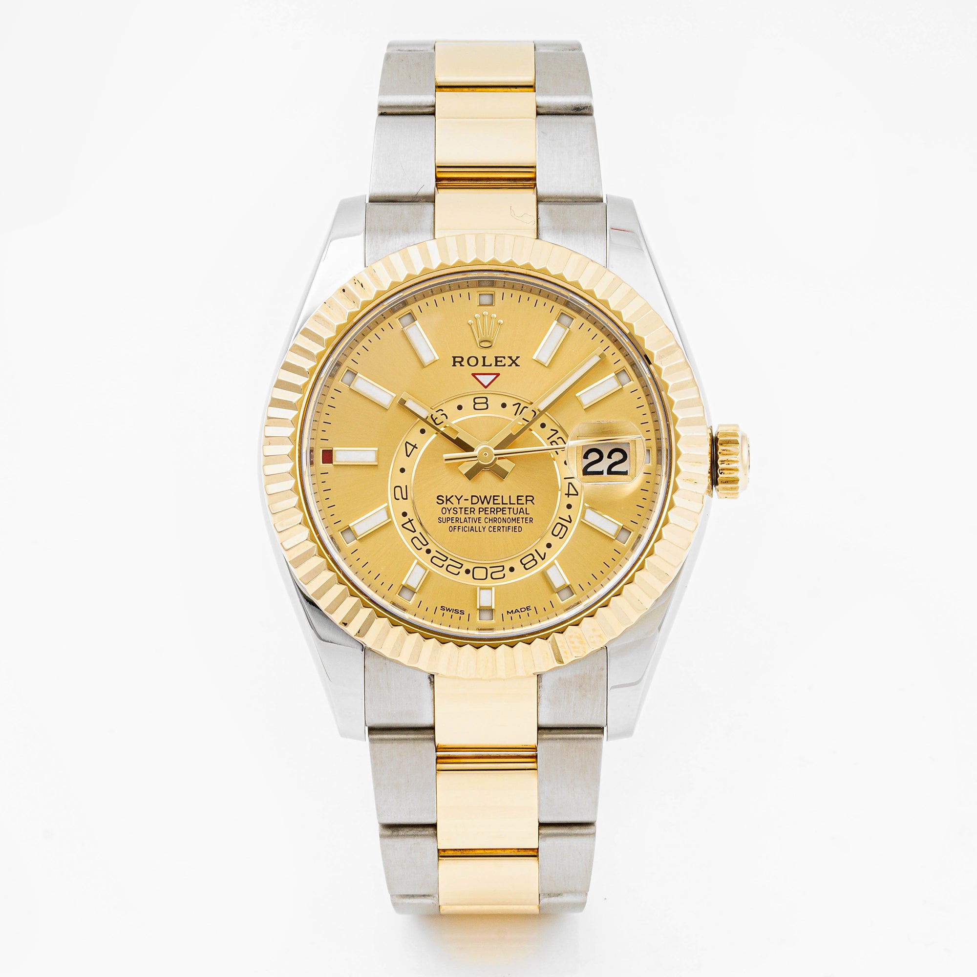 Rolex Sky-Dweller 42mm Stainless Steel & Yellow Gold 326933 Champagne Dial | Index hour markers, Fluted bezel