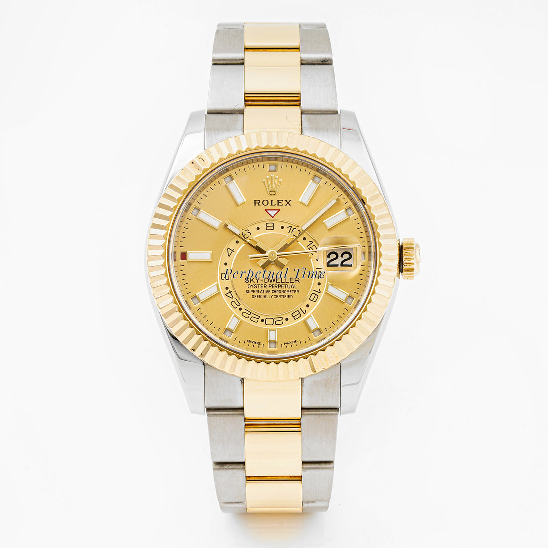 Rolex Sky-Dweller 42mm Stainless Steel & Yellow Gold 326933 Champagne Dial | Index hour markers, Fluted bezel