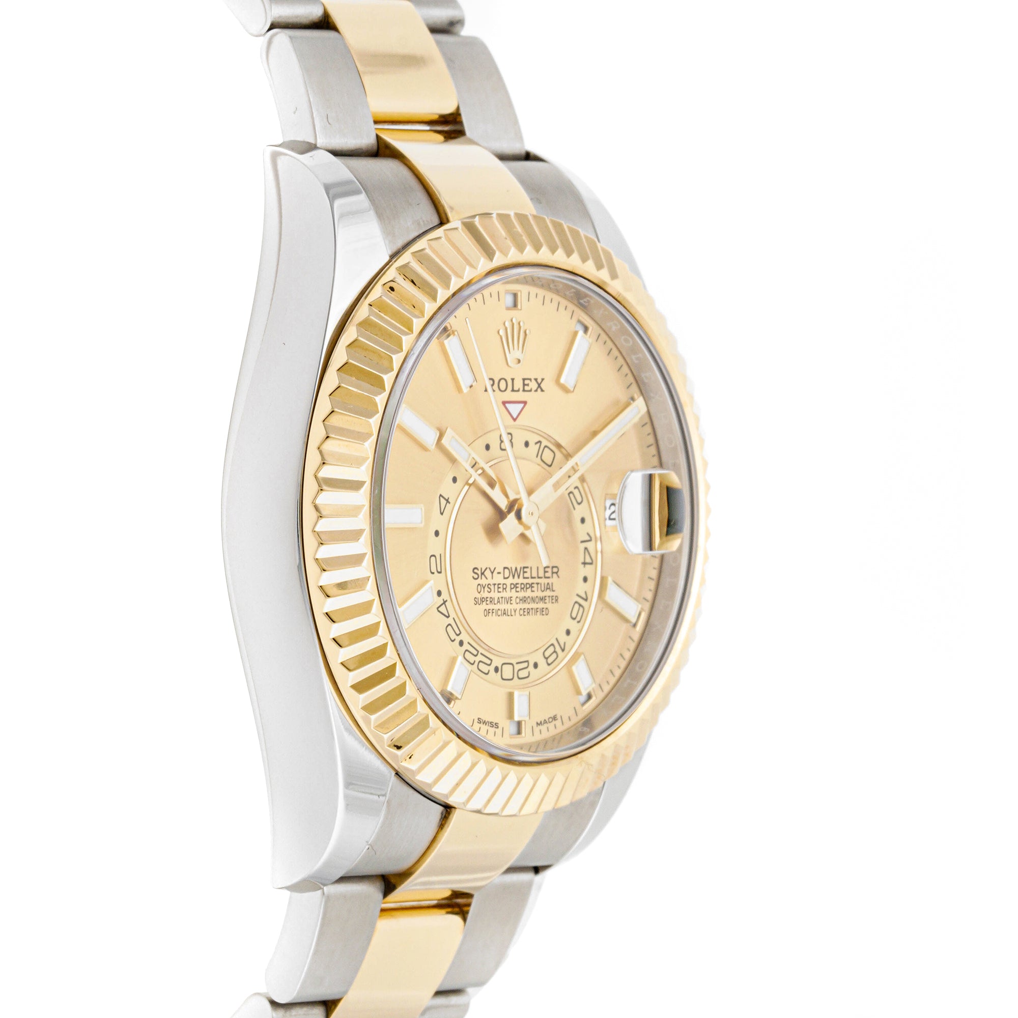 Rolex Sky-Dweller 42mm Stainless Steel & Yellow Gold 326933 Champagne Dial | Index hour markers, Fluted bezel