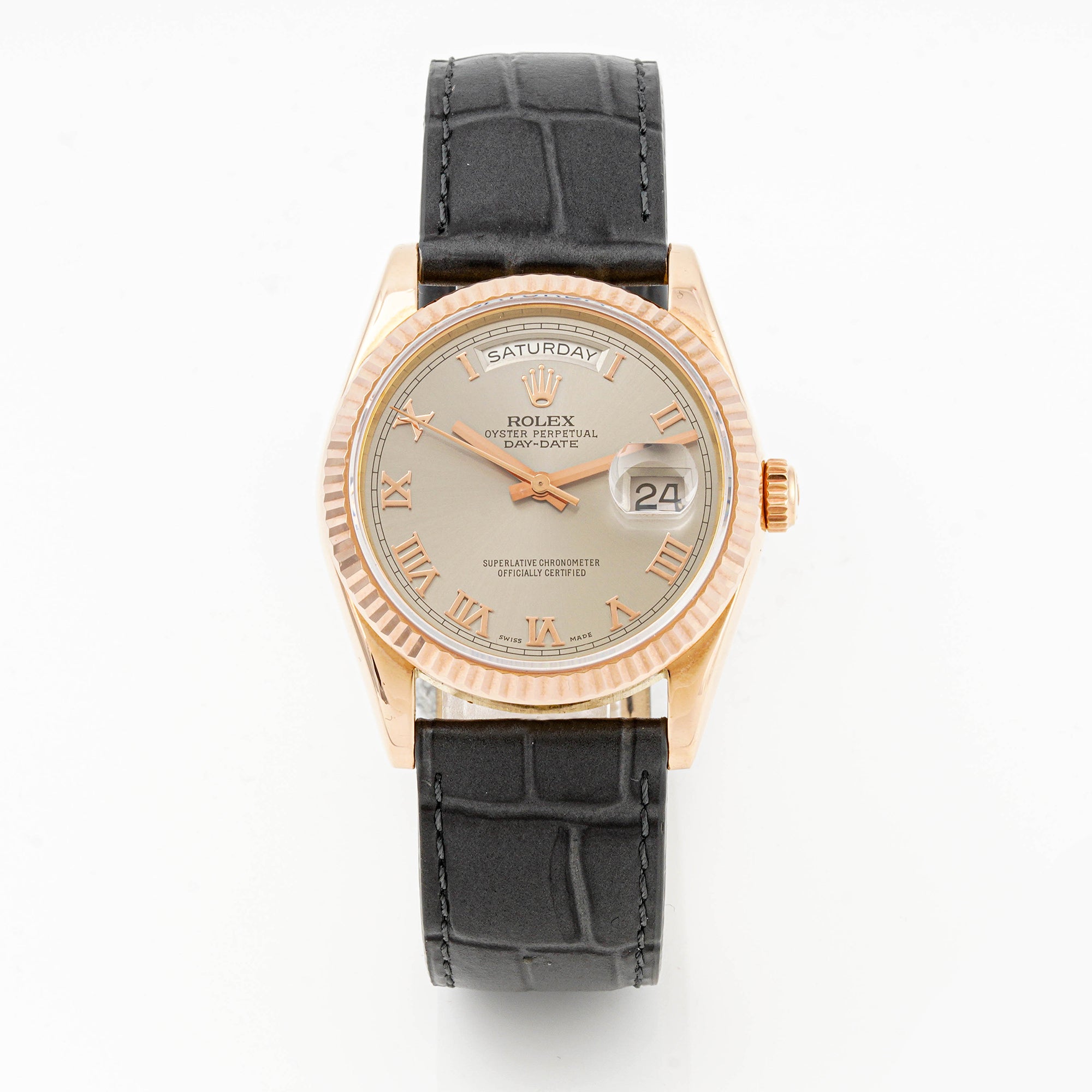 Rolex Day-Date 36 mm Rose Gold 118235 Slate Dial | Roman Numerals hour markers, Fluted bezel