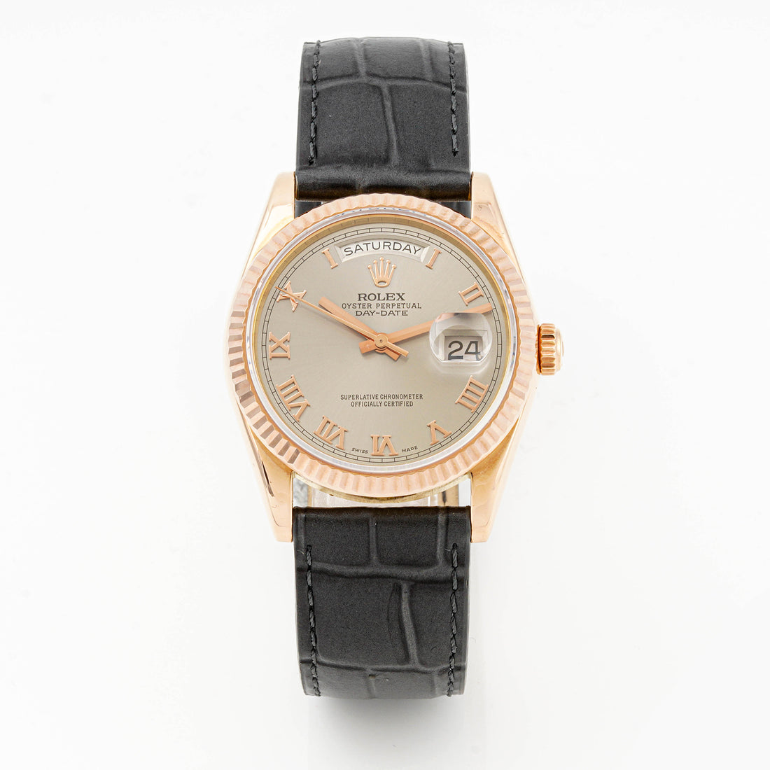 Rolex Day-Date 36 mm Rose Gold 118235 Slate Dial | Roman Numerals hour markers, Fluted bezel