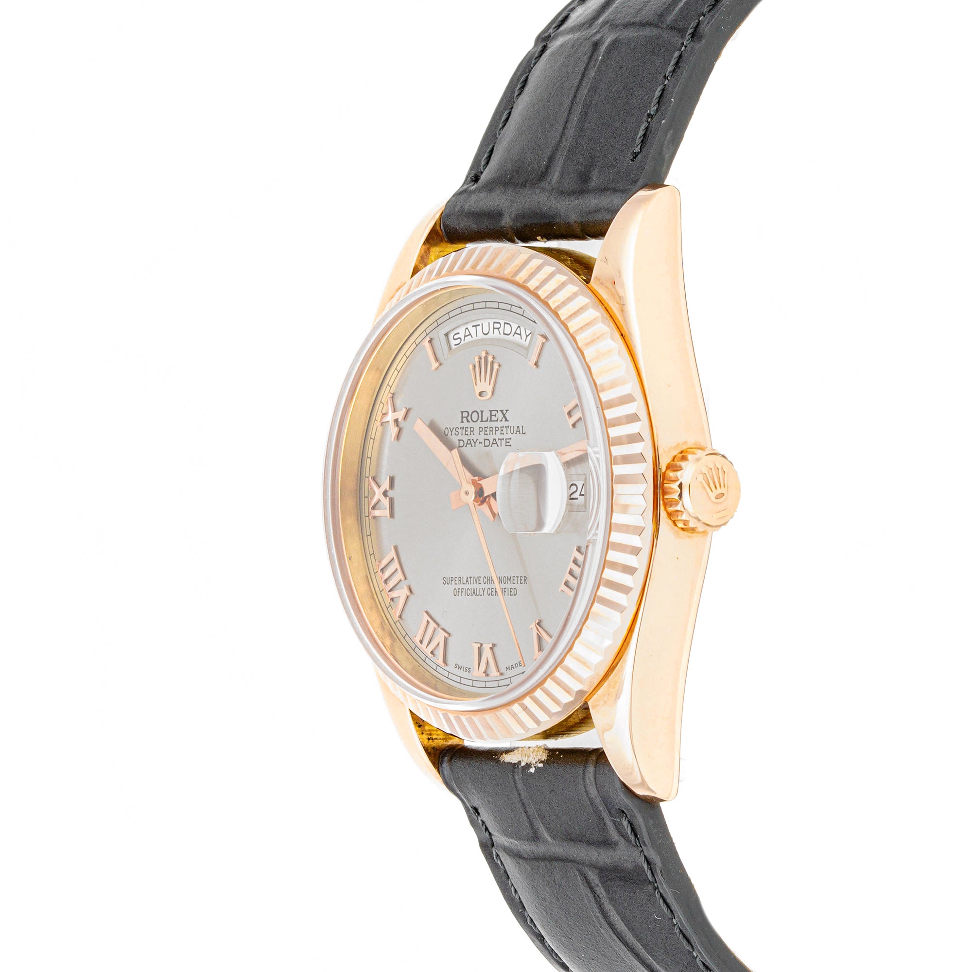 Rolex Day-Date 36 mm Rose Gold 118235 Slate Dial | Roman Numerals hour markers, Fluted bezel