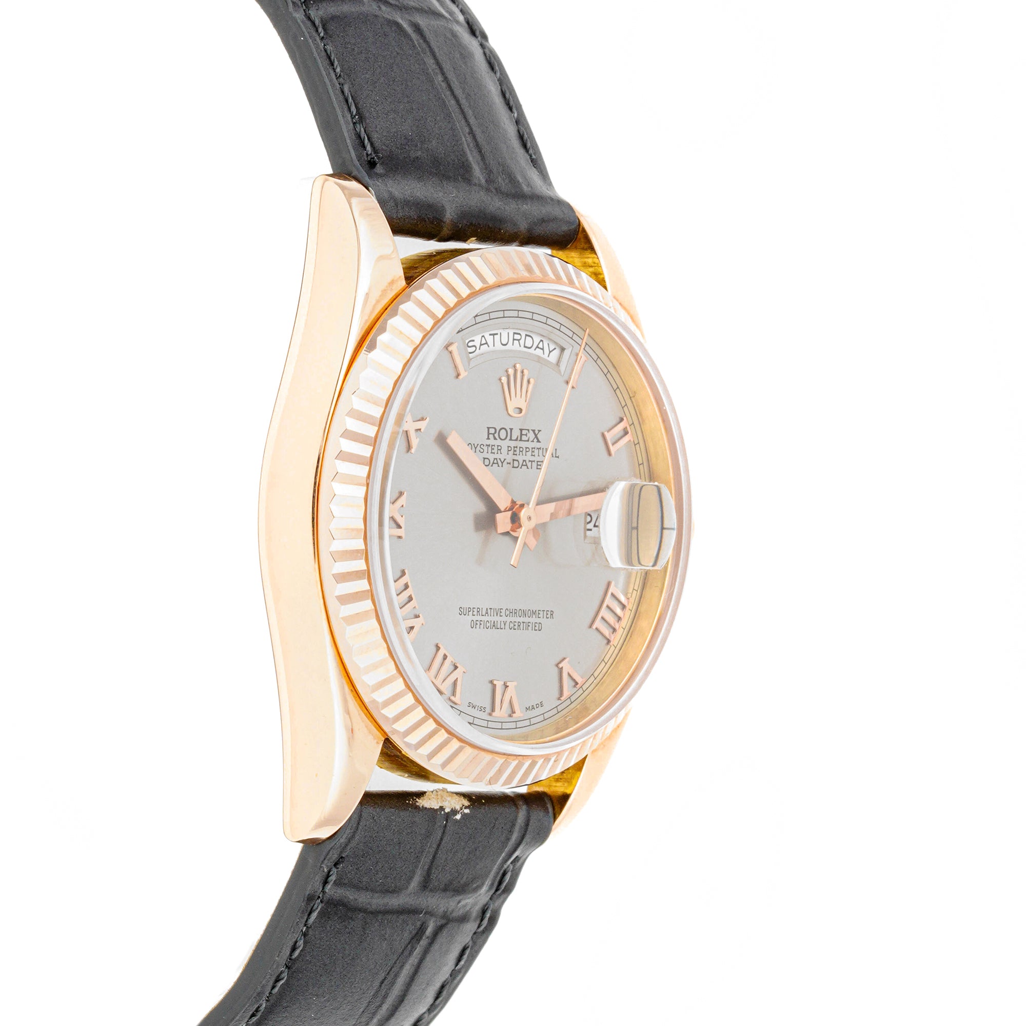 Rolex Day-Date 36 mm Rose Gold 118235 Slate Dial | Roman Numerals hour markers, Fluted bezel