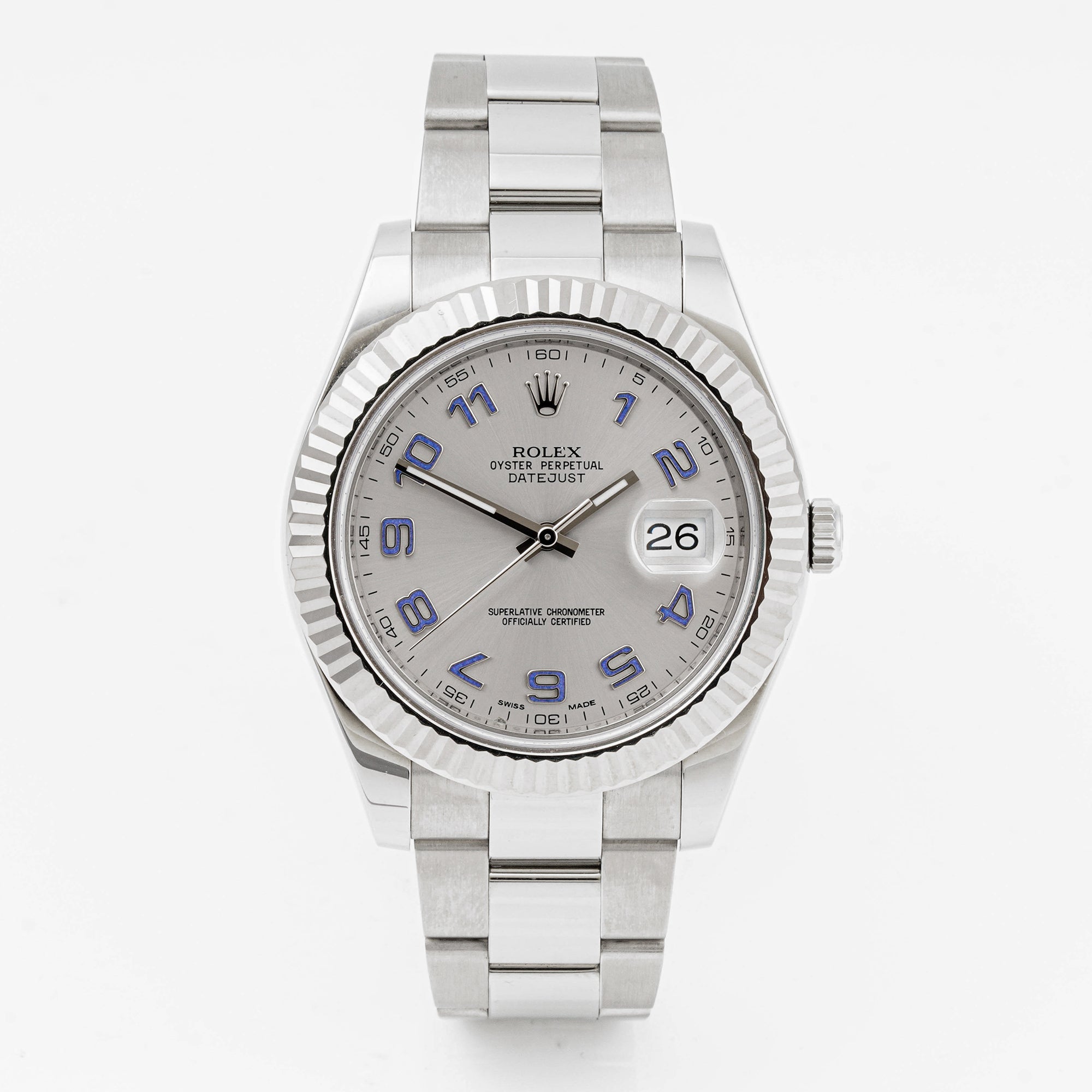 Rolex Datejust II 41mm Stainless Steel & White Gold 116334 Silver Dial | Arabic Numerals hour markers, Fluted bezel