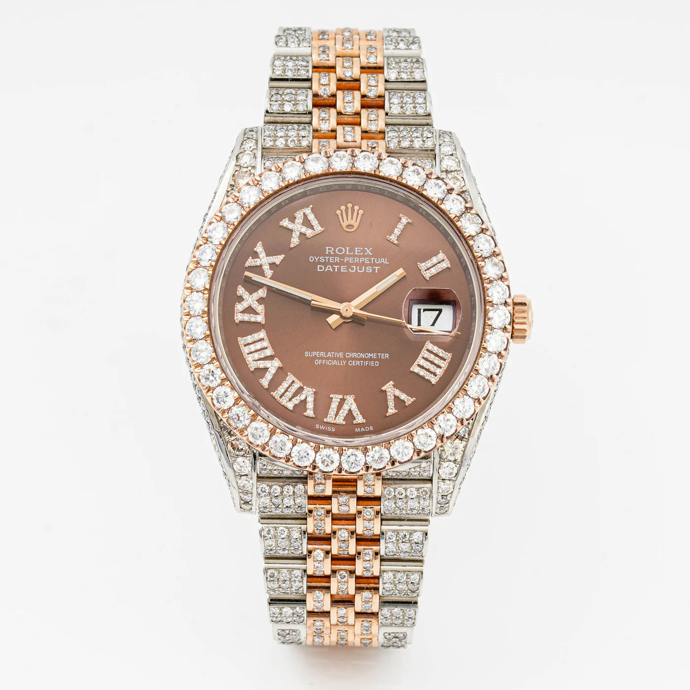 Rolex Datejust  41mm Stainless Steel & Rose Gold 126331 Chocolate  Dial | Roman Numerals hour markers, w/ Full Pave Diamonds