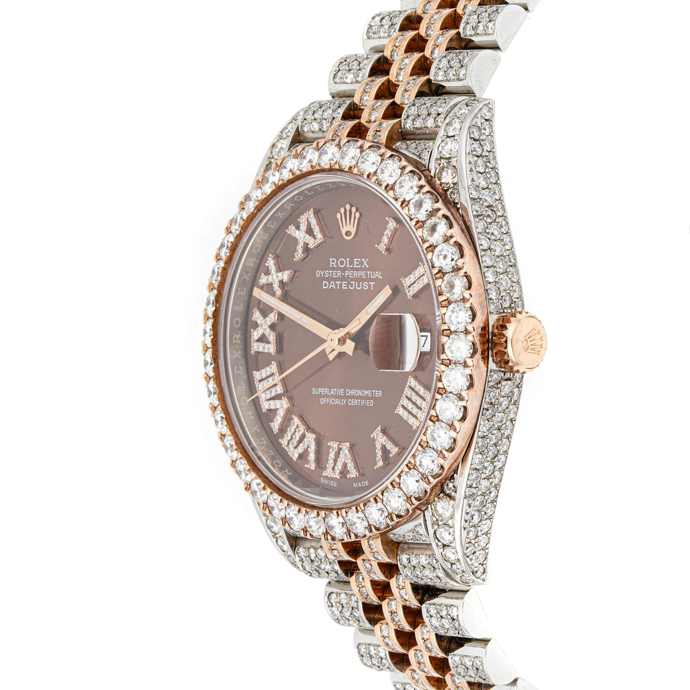Rolex Datejust  41mm Stainless Steel & Rose Gold 126331 Chocolate  Dial | Roman Numerals hour markers, w/ Full Pave Diamonds