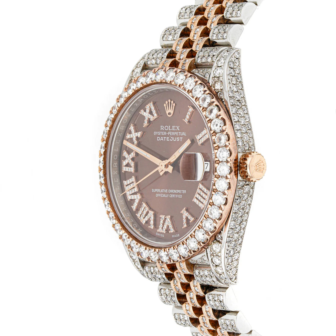 Rolex Datejust  41mm Stainless Steel & Rose Gold 126331 Chocolate  Dial | Roman Numerals hour markers, w/ Full Pave Diamonds