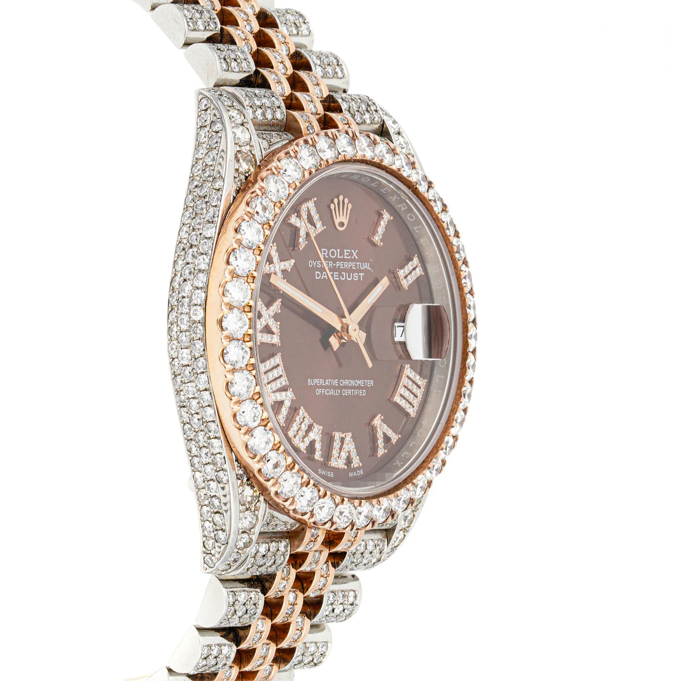 Rolex Datejust  41mm Stainless Steel & Rose Gold 126331 Chocolate  Dial | Roman Numerals hour markers, w/ Full Pave Diamonds