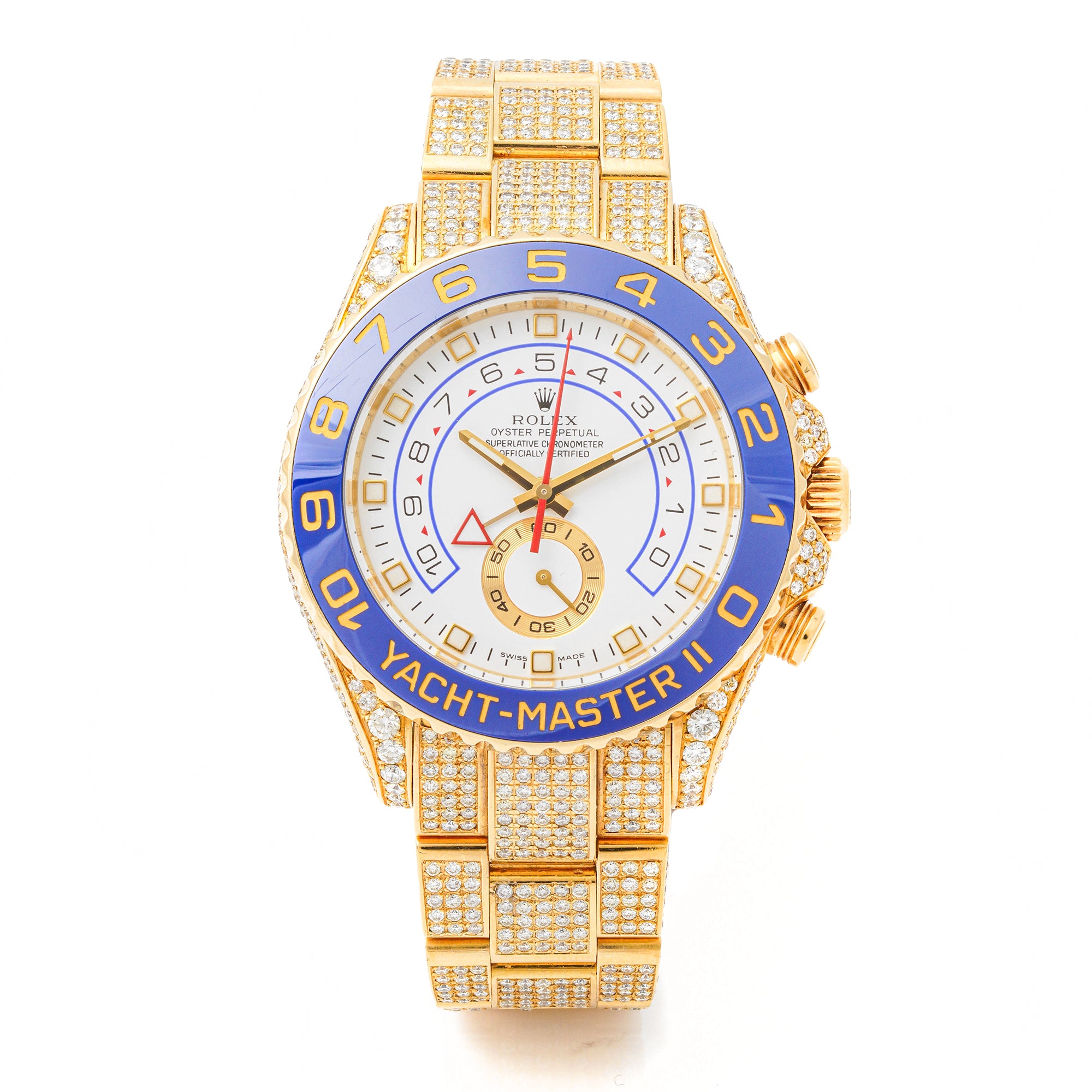 Rolex Yacht-Master II 44mm Yellow Gold 116688 White  Dial | w/ Full Pave Diamonds