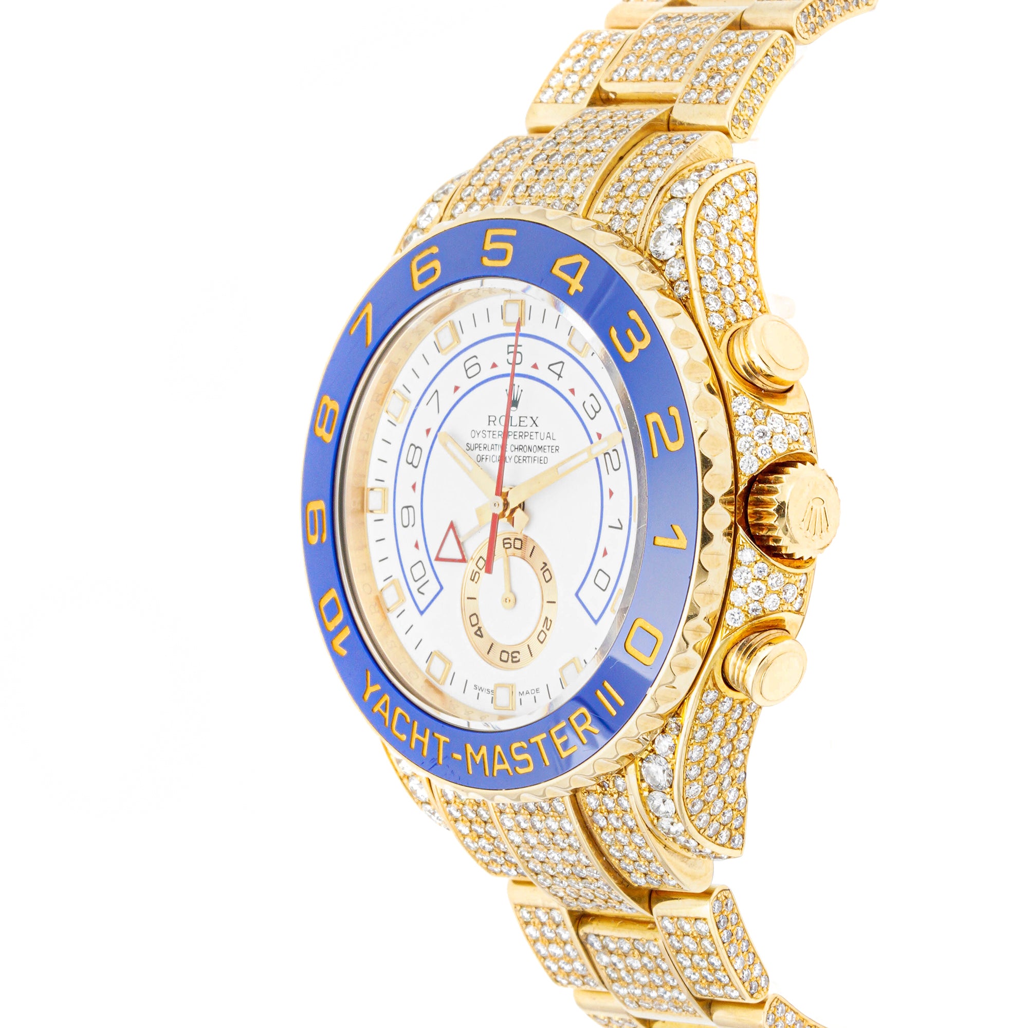 Rolex Yacht-Master II 44mm Yellow Gold 116688 White  Dial | w/ Full Pave Diamonds