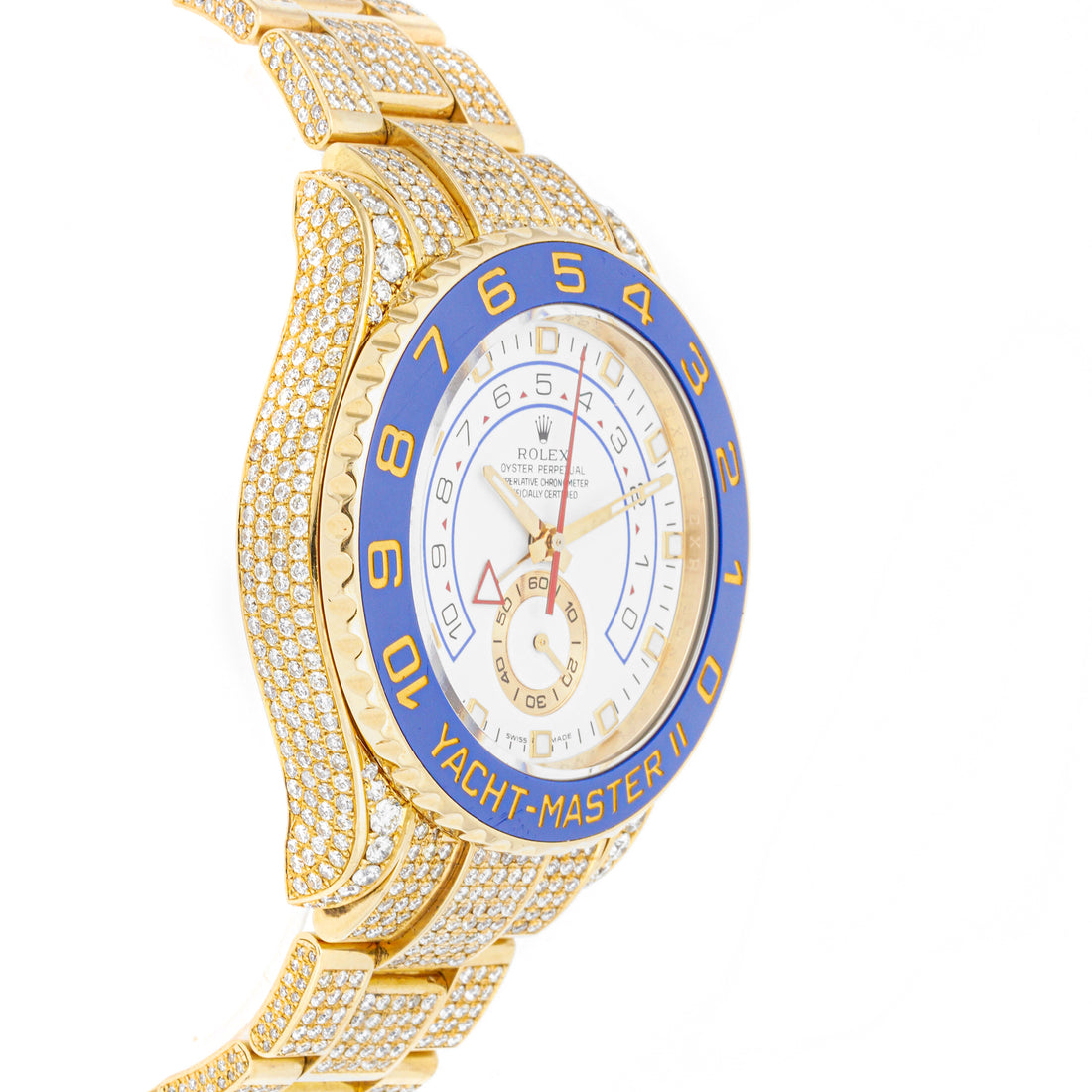 Rolex Yacht-Master II 44mm Yellow Gold 116688 White  Dial | w/ Full Pave Diamonds