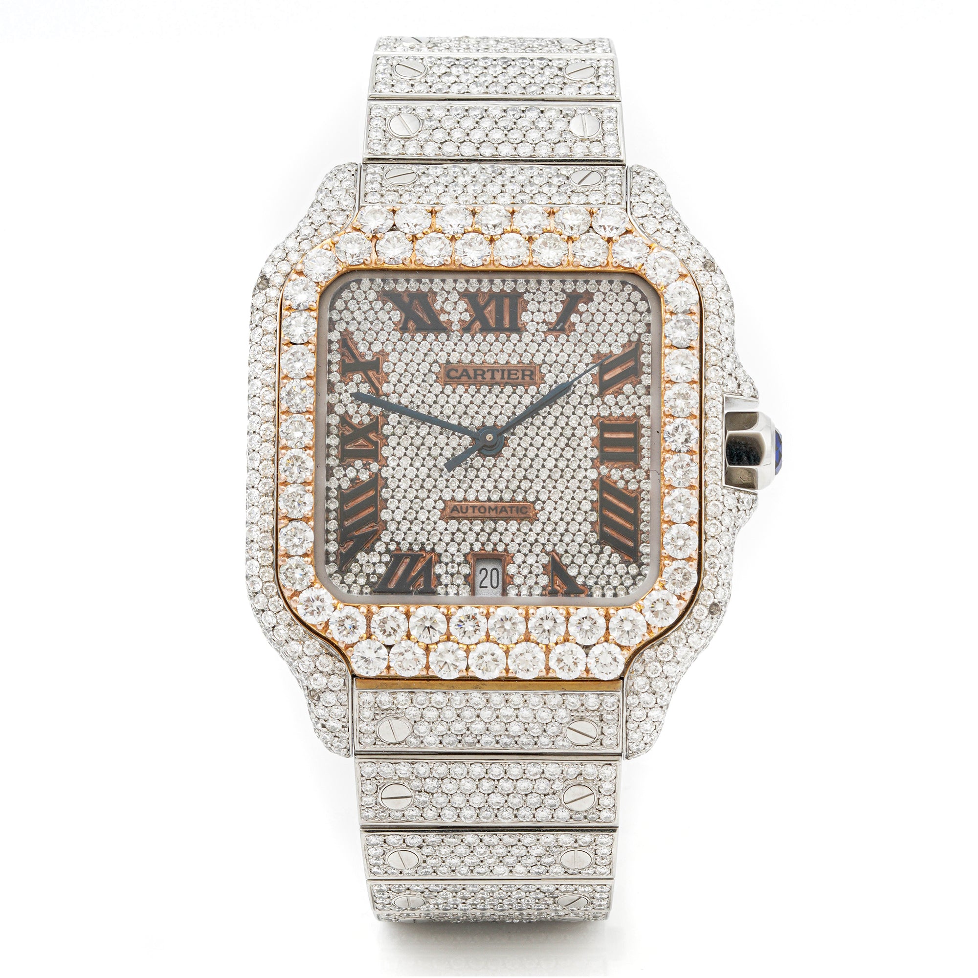 Cartier Santos 38 mm Stainless Steel 4072 Pave Diamond  Dial | Roman Numerals hour markers, Diamond bezel