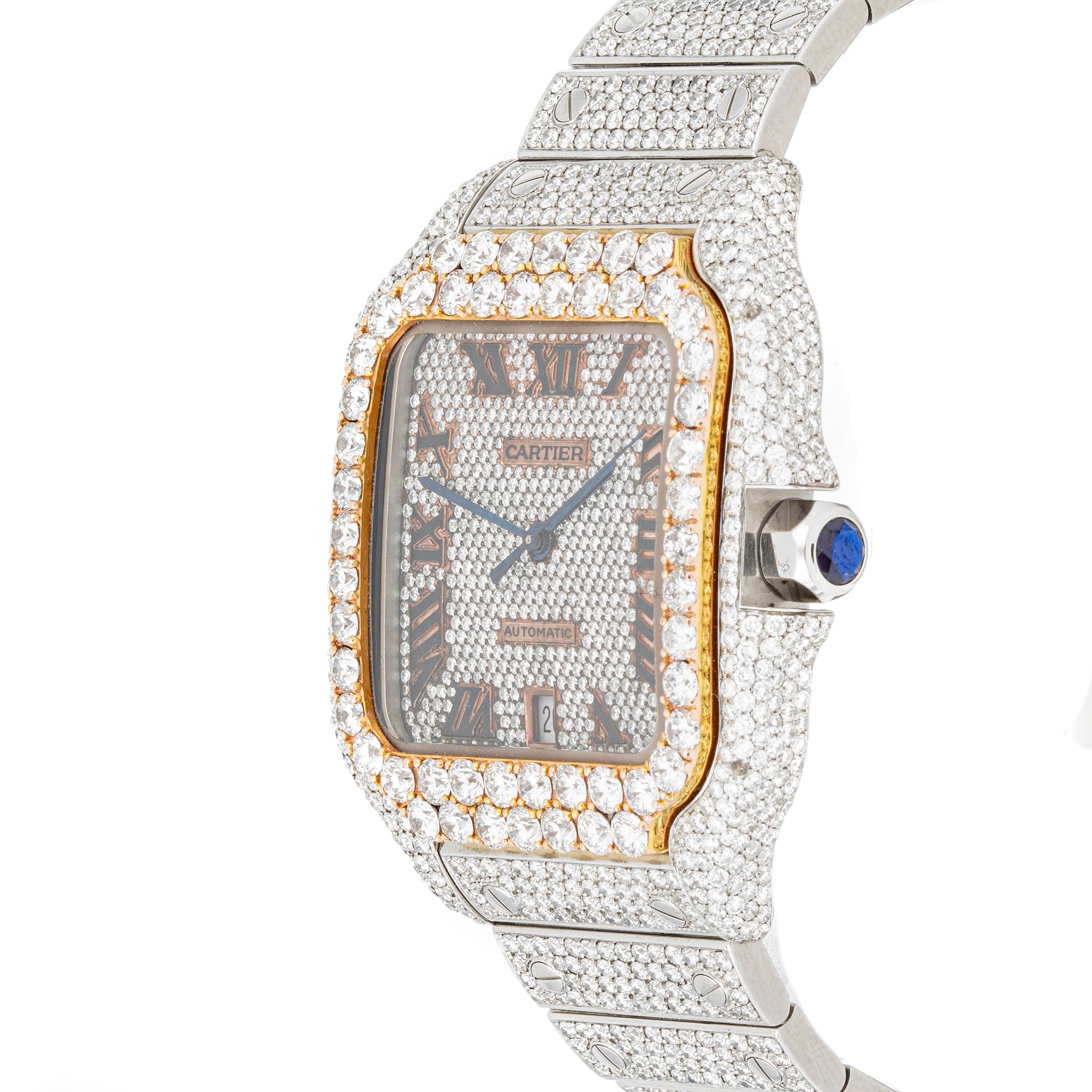 Cartier Santos 38 mm Stainless Steel 4072 Pave Diamond  Dial | Roman Numerals hour markers, Diamond bezel