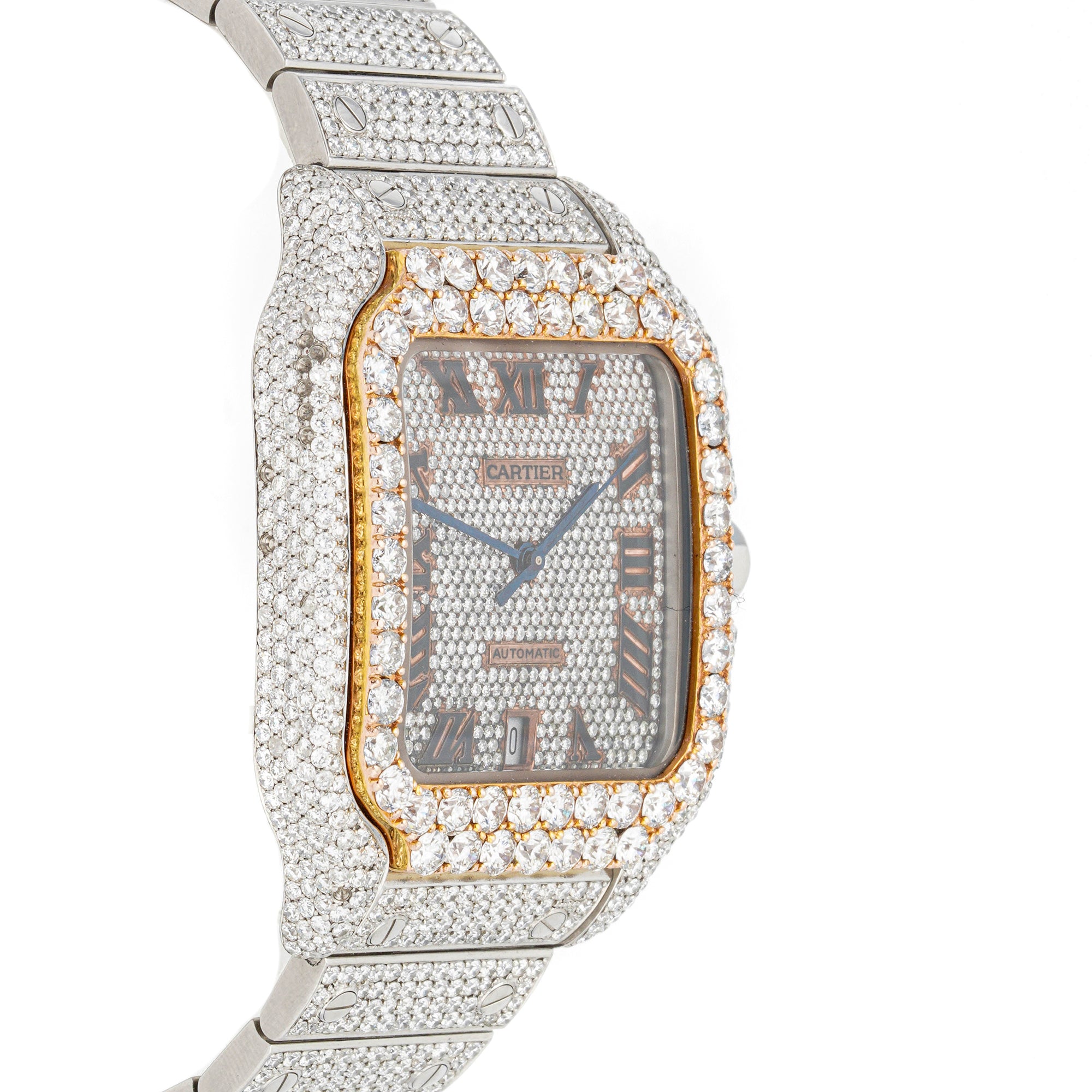 Cartier Santos 38 mm Stainless Steel 4072 Pave Diamond  Dial | Roman Numerals hour markers, Diamond bezel