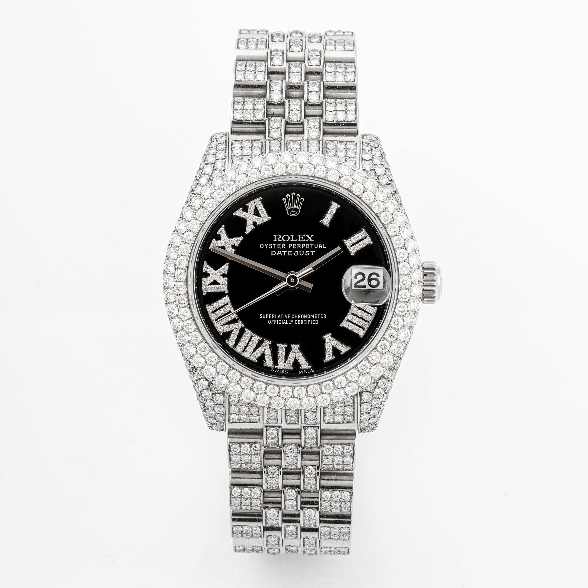 Rolex Datejust 31 mm White Gold & Stainless Steel 178274 Black Dial | Diamond Roman hour markers, Fluted bezel