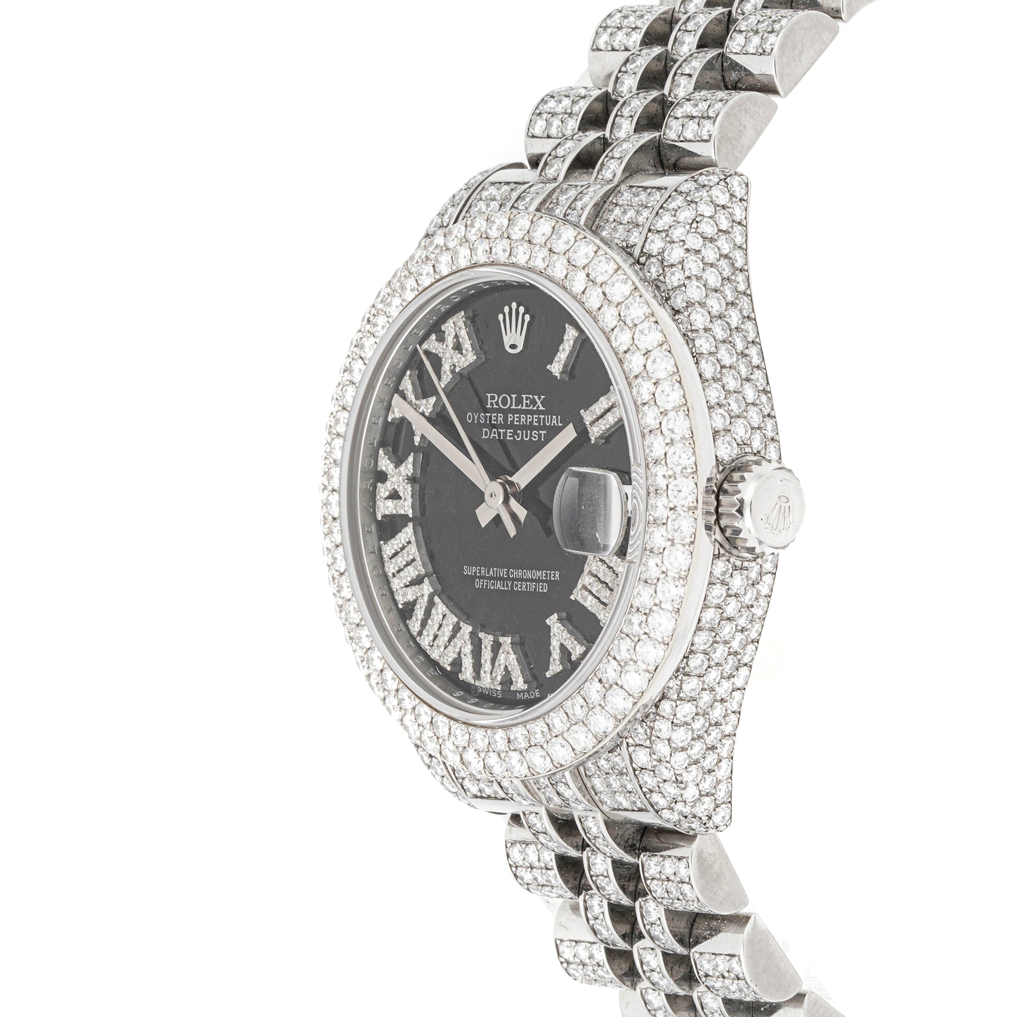 Rolex Datejust 31 mm White Gold & Stainless Steel 178274 Black Dial | Diamond Roman hour markers, Fluted bezel