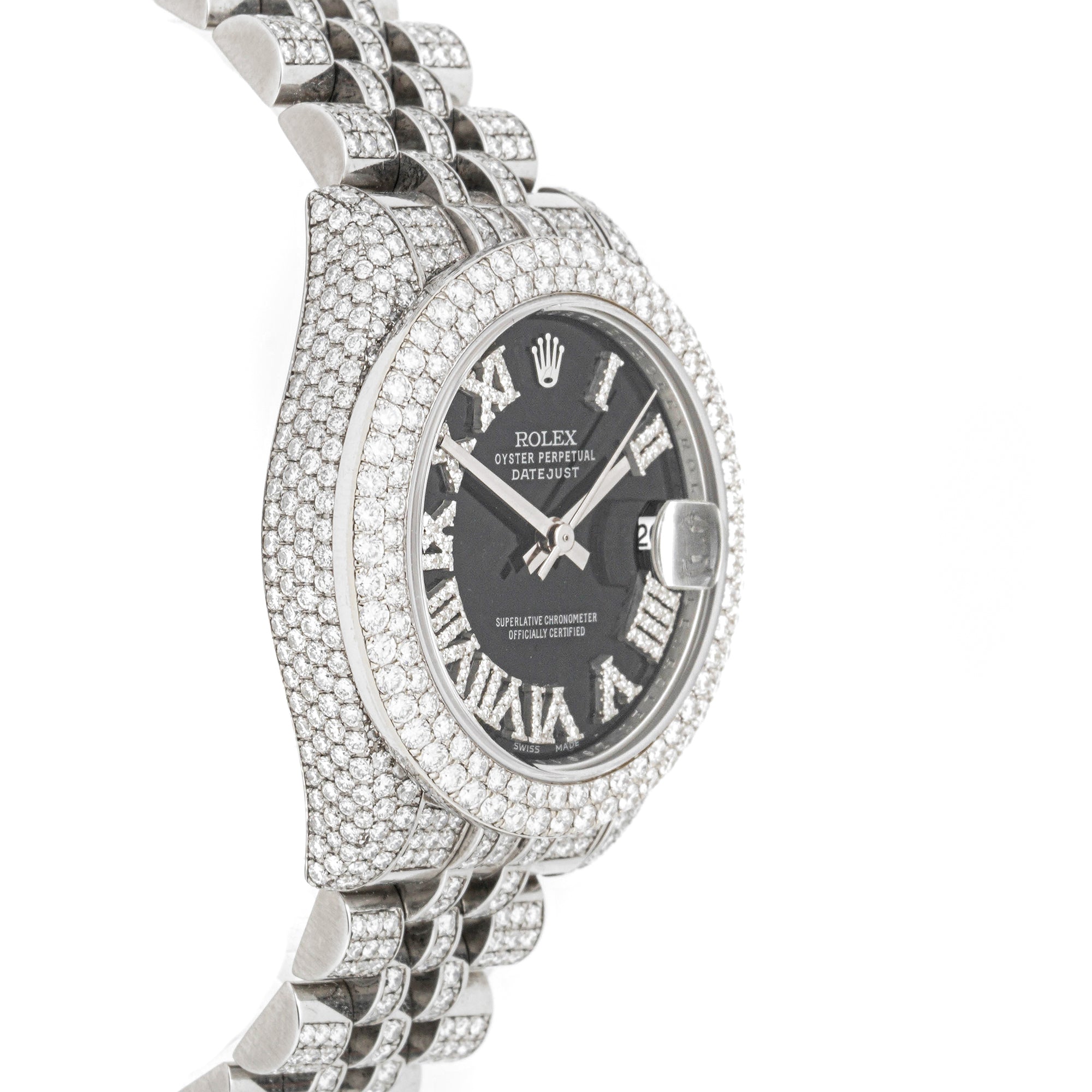 Rolex Datejust 31 mm White Gold & Stainless Steel 178274 Black Dial | Diamond Roman hour markers, Fluted bezel