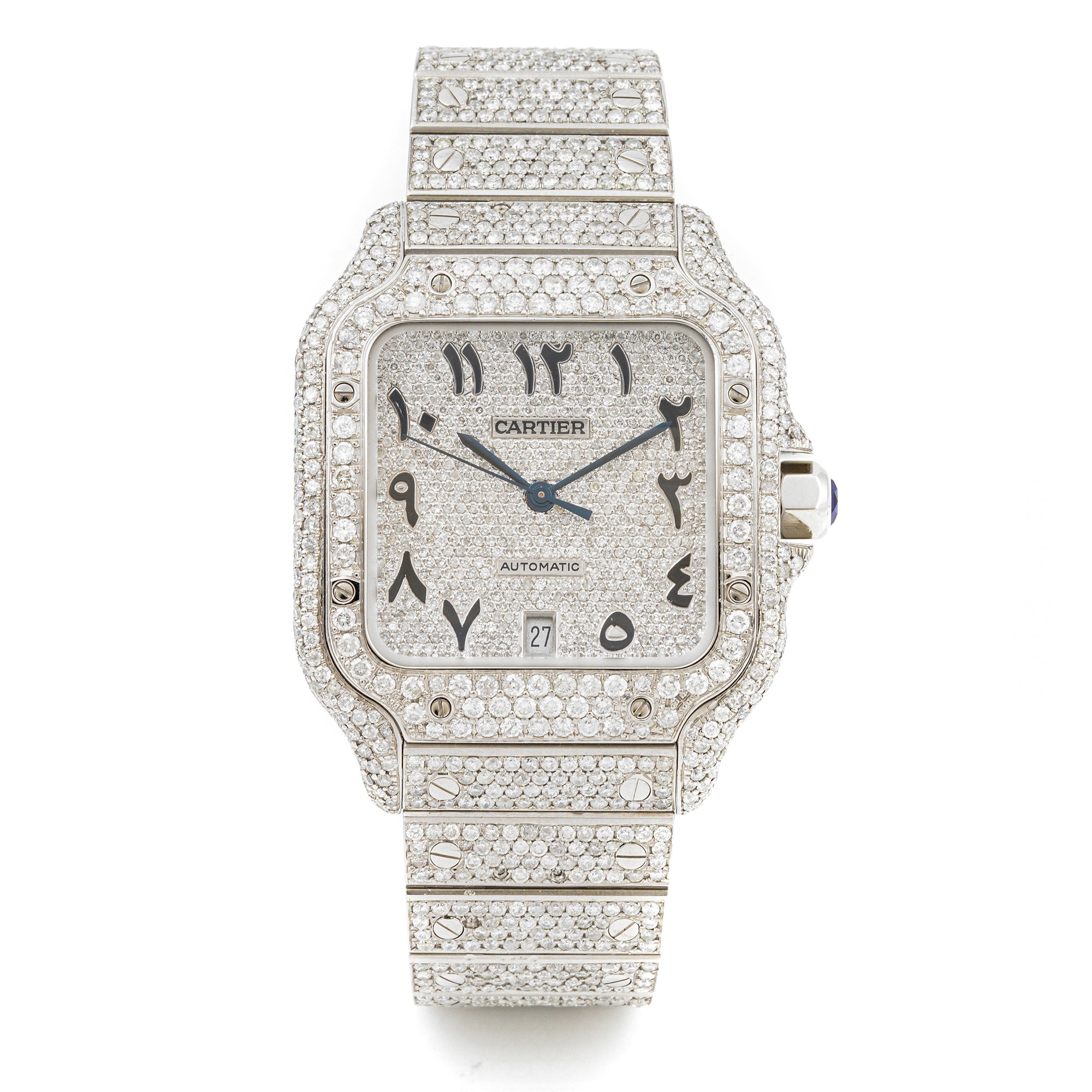 Cartier Santos 38 mm Stainless Steel 4072 Pave Diamond Dial | Arabic Script hour markers, Diamond bezel