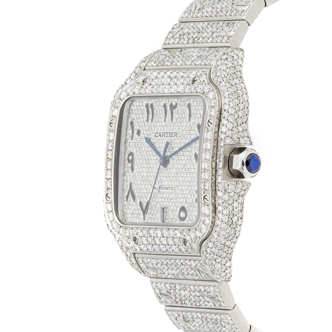 Cartier Santos 38 mm Stainless Steel 4072 Pave Diamond Dial | Arabic Script hour markers, Diamond bezel