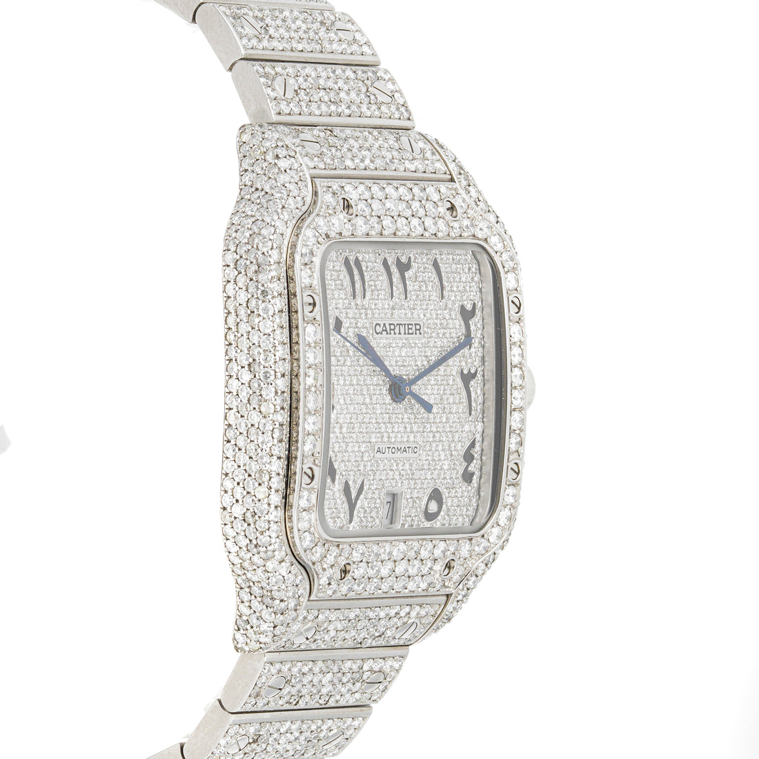 Cartier Santos 38 mm Stainless Steel 4072 Pave Diamond Dial | Arabic Script hour markers, Diamond bezel