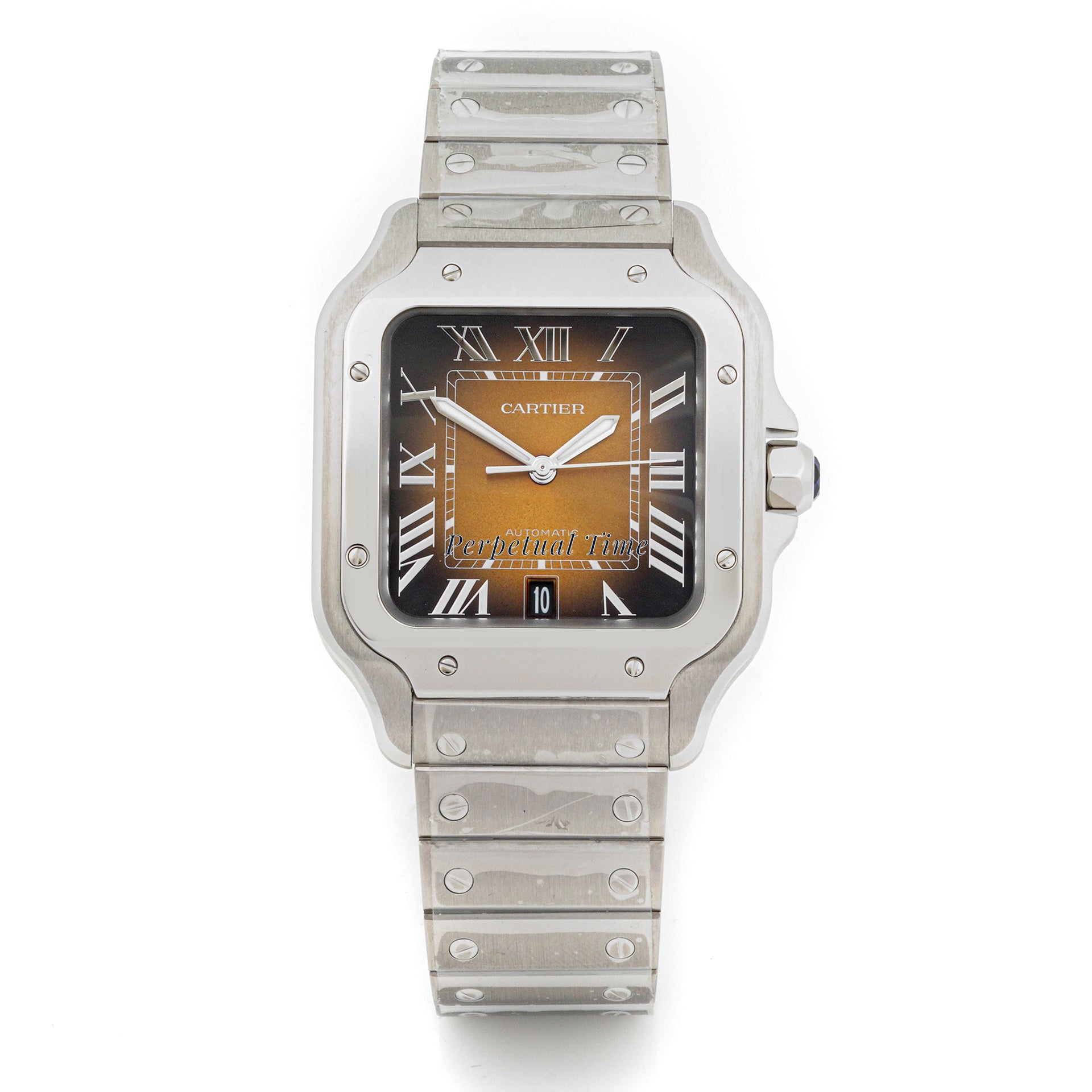 Cartier Santos 38 mm Stainless Steel 4072 Brown Dial | Roman Numerals hour markers, Smooth bezel