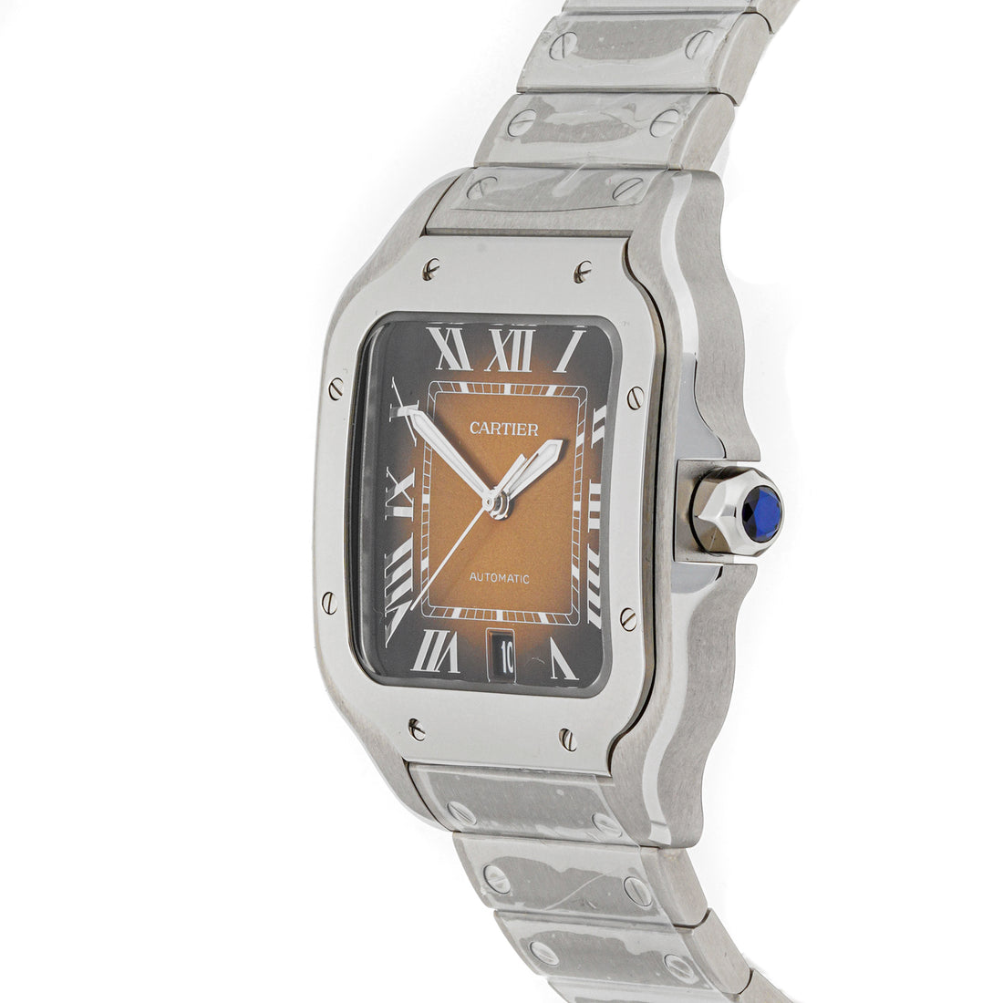 Cartier Santos 38 mm Stainless Steel 4072 Brown Dial | Roman Numerals hour markers, Smooth bezel