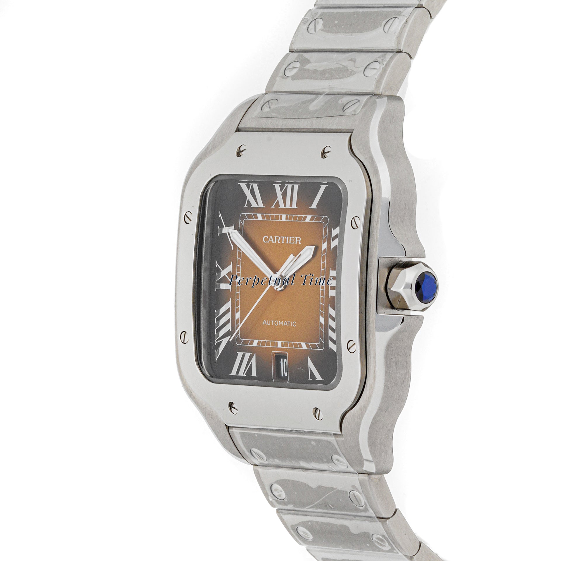 Cartier Santos 38 mm Stainless Steel 4072 Brown Dial | Roman Numerals hour markers, Smooth bezel