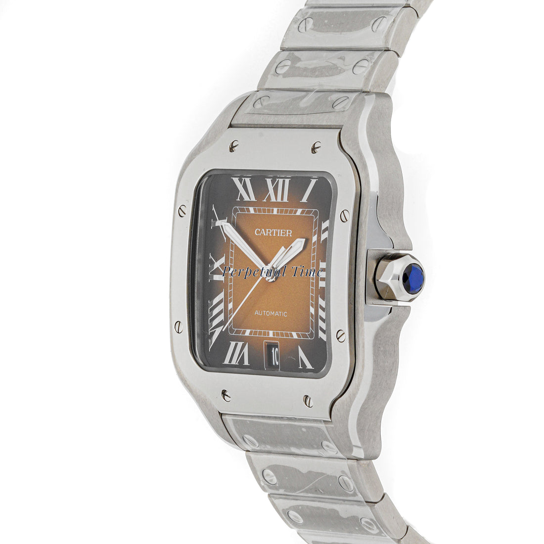 Cartier Santos 38 mm Stainless Steel 4072 Brown Dial | Roman Numerals hour markers, Smooth bezel
