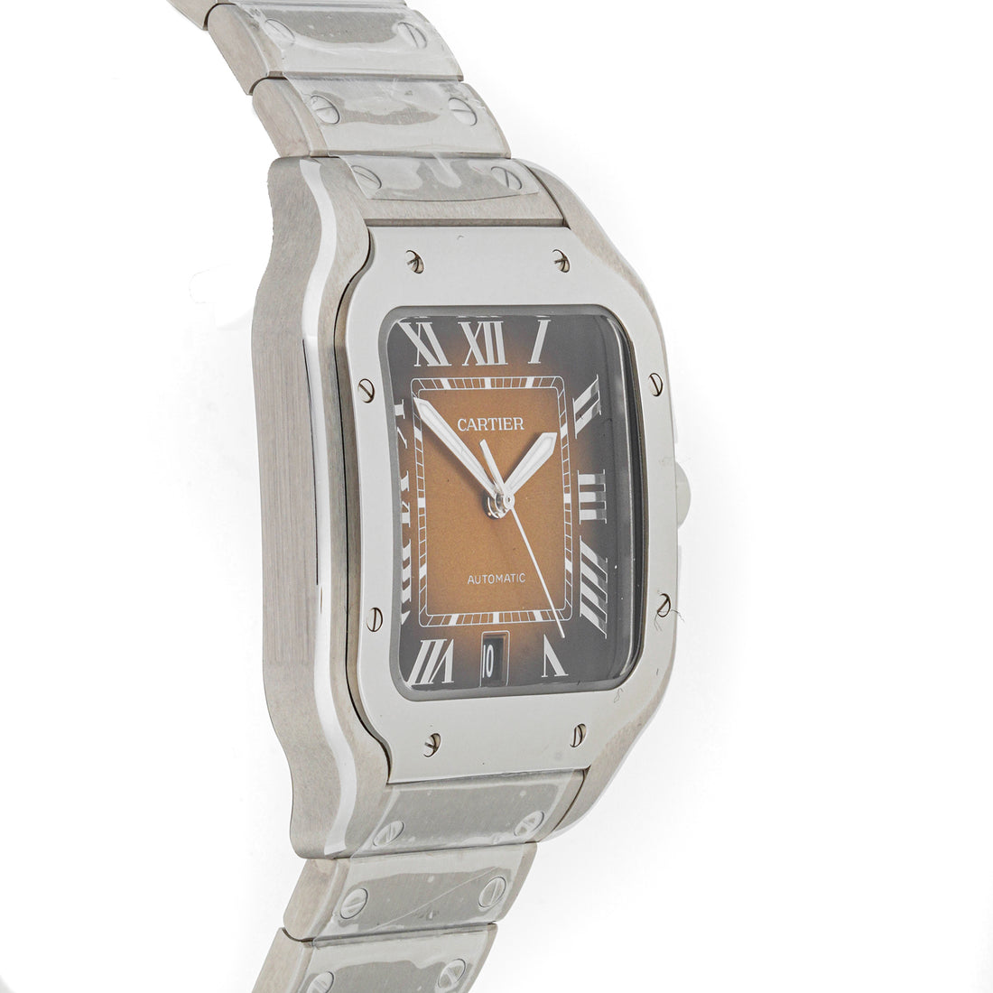Cartier Santos 38 mm Stainless Steel 4072 Brown Dial | Roman Numerals hour markers, Smooth bezel