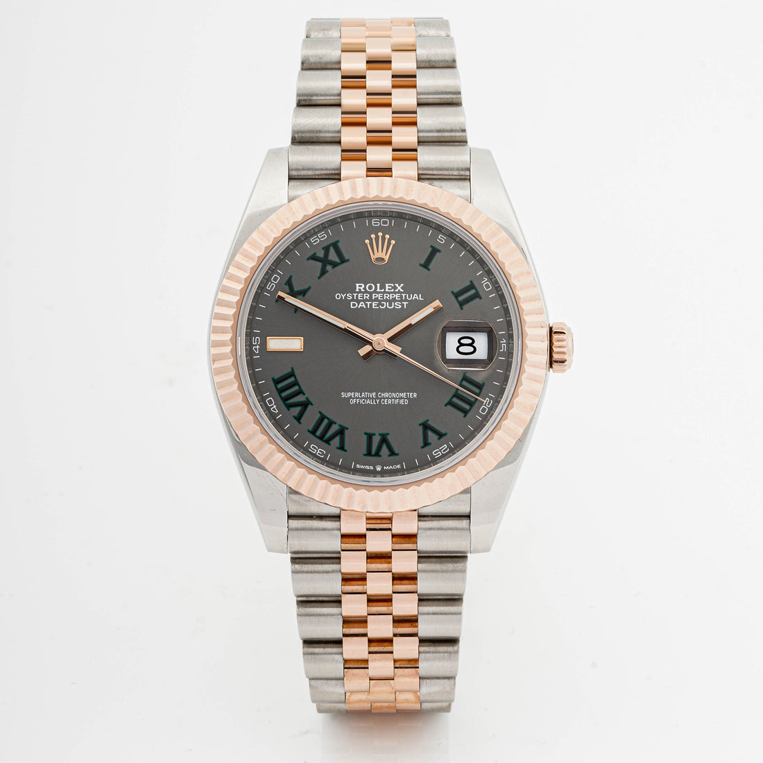 Rolex Datejust  41mm Stainless Steel & Rose Gold 126331 Wimbledon Rhodium Dial | Roman Numerals hour markers, Fluted bezel