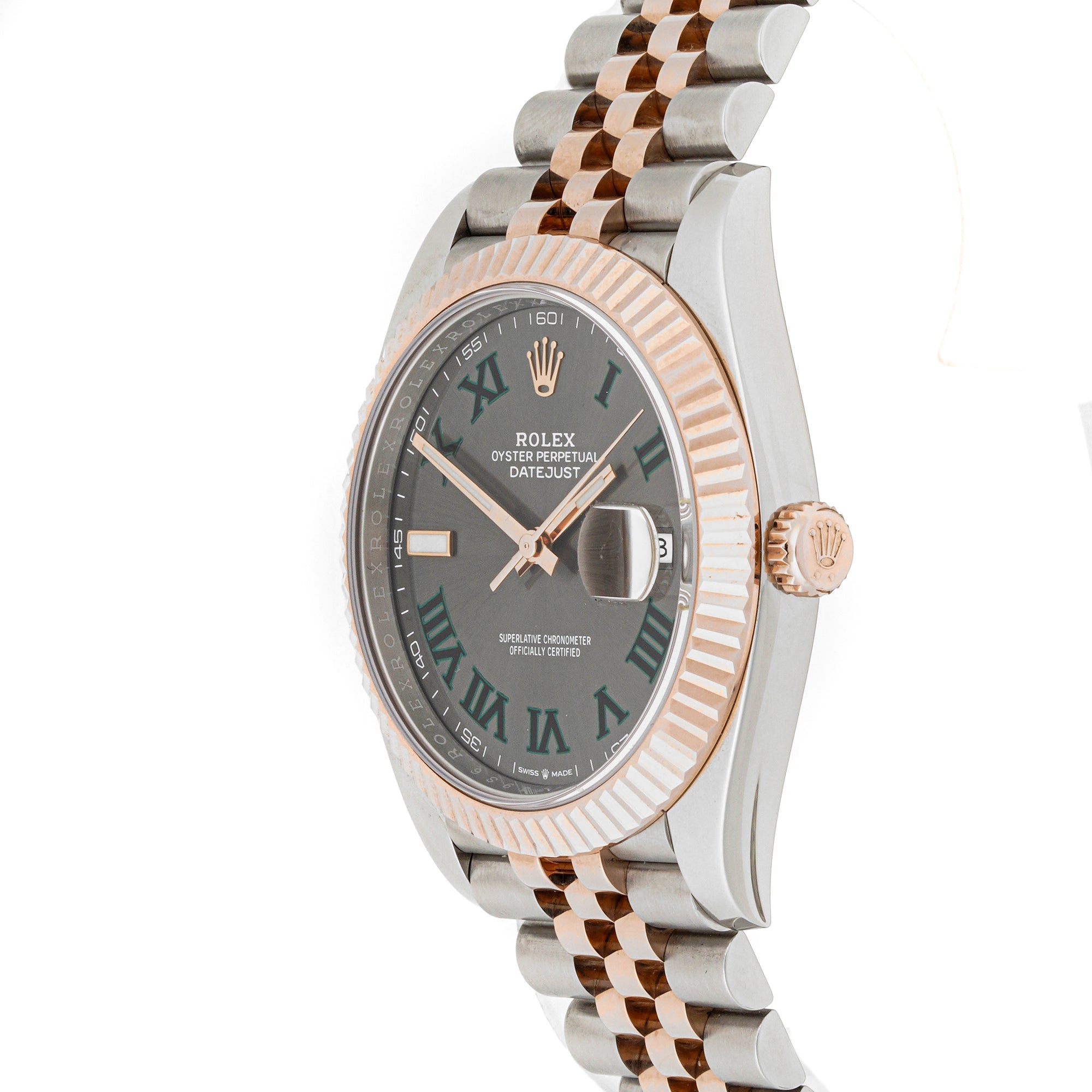 Rolex Datejust  41mm Stainless Steel & Rose Gold 126331 Wimbledon Rhodium Dial | Roman Numerals hour markers, Fluted bezel