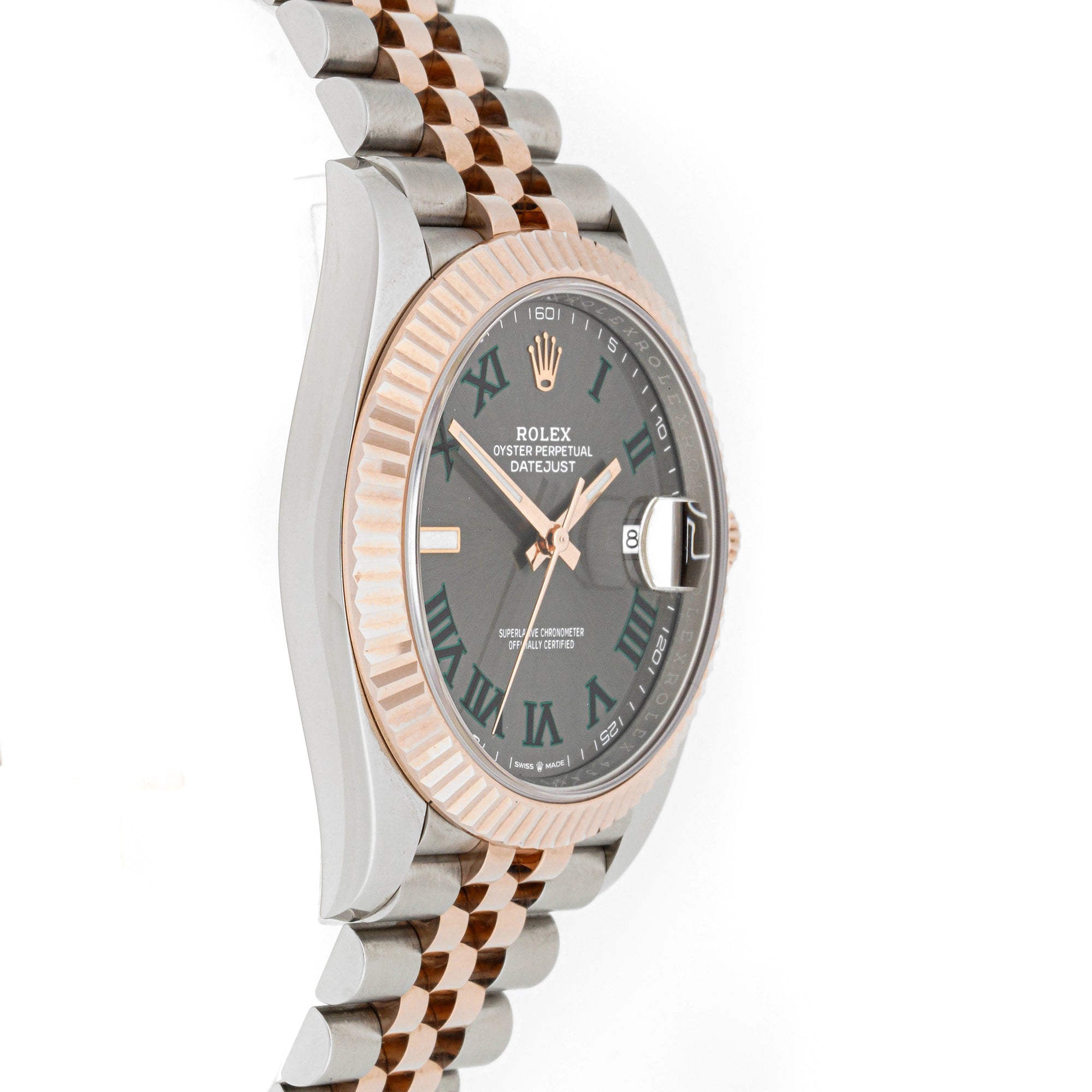 Rolex Datejust  41mm Stainless Steel & Rose Gold 126331 Wimbledon Rhodium Dial | Roman Numerals hour markers, Fluted bezel