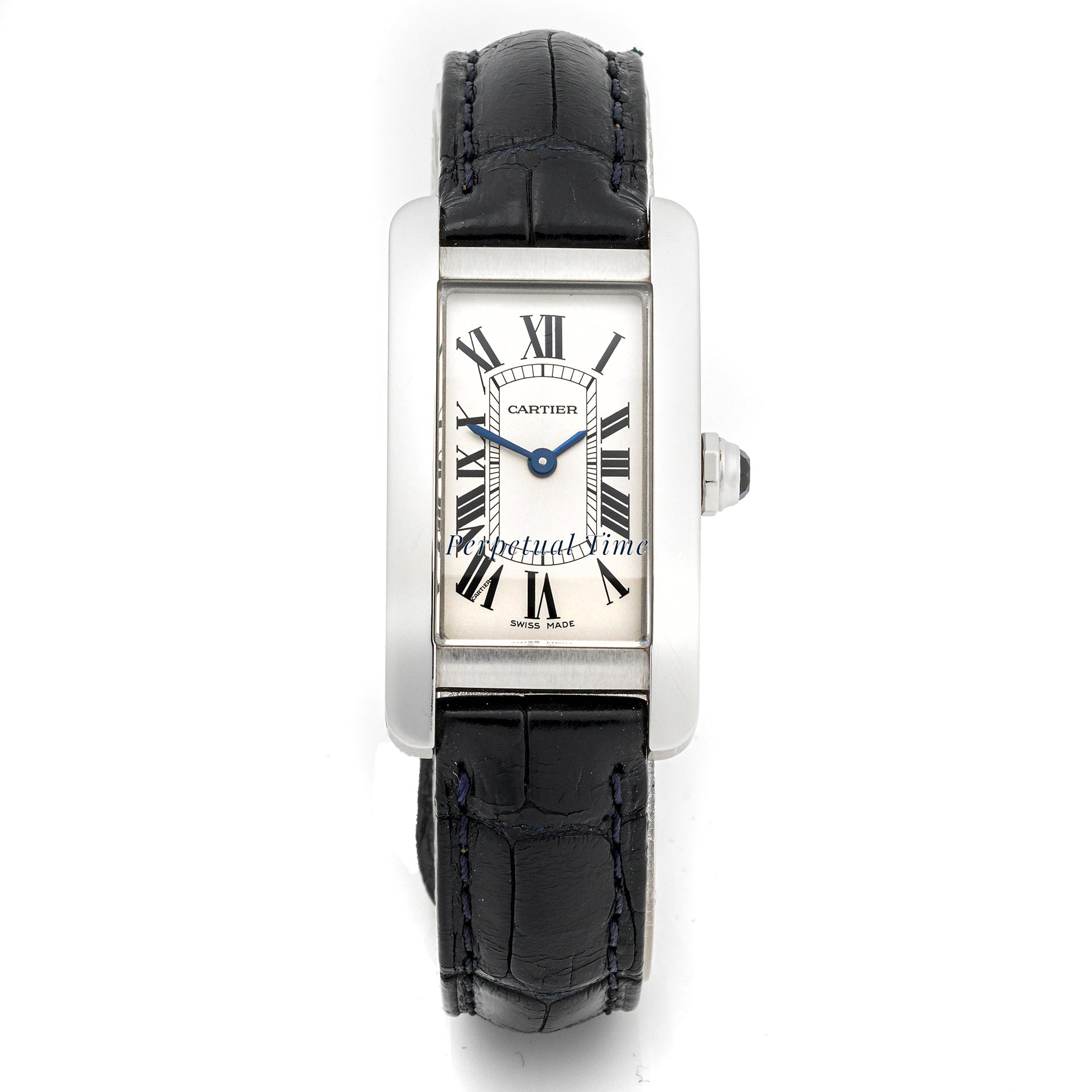 Cartier Tank Américaine Stainless Steel 3970 Silver Roman Dial Black Leather Strap w Deployment Buckle