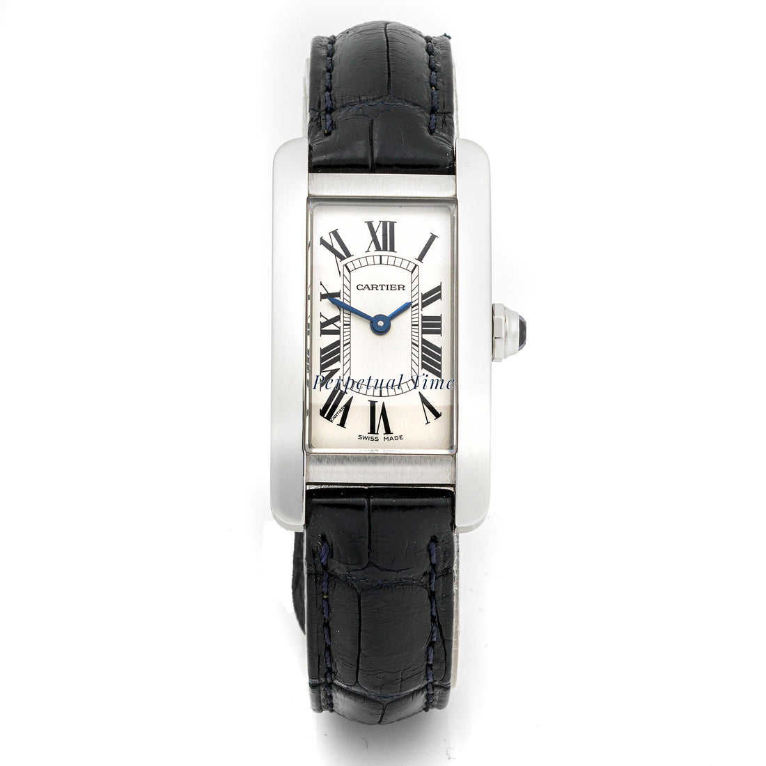 Cartier Tank Américaine Stainless Steel 3970 Silver Roman Dial Black Leather Strap w Deployment Buckle