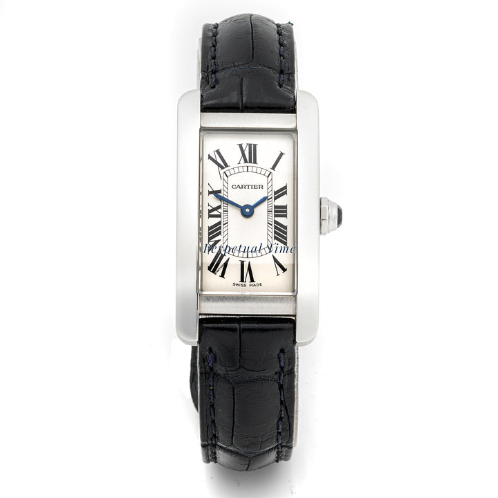 Cartier Tank Américaine Stainless Steel 3970 Silver Roman Dial Black Leather Strap w Deployment Buckle