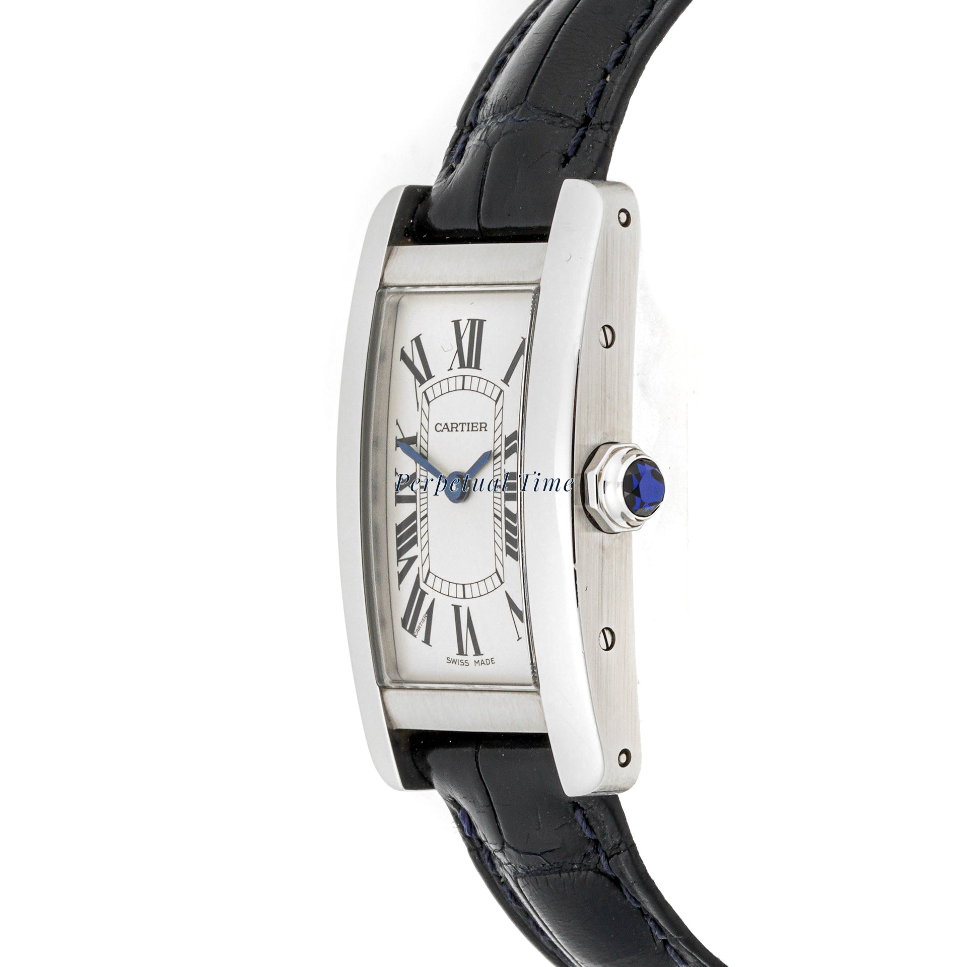 Cartier Tank Américaine Stainless Steel 3970 Silver Roman Dial Black Leather Strap w Deployment Buckle