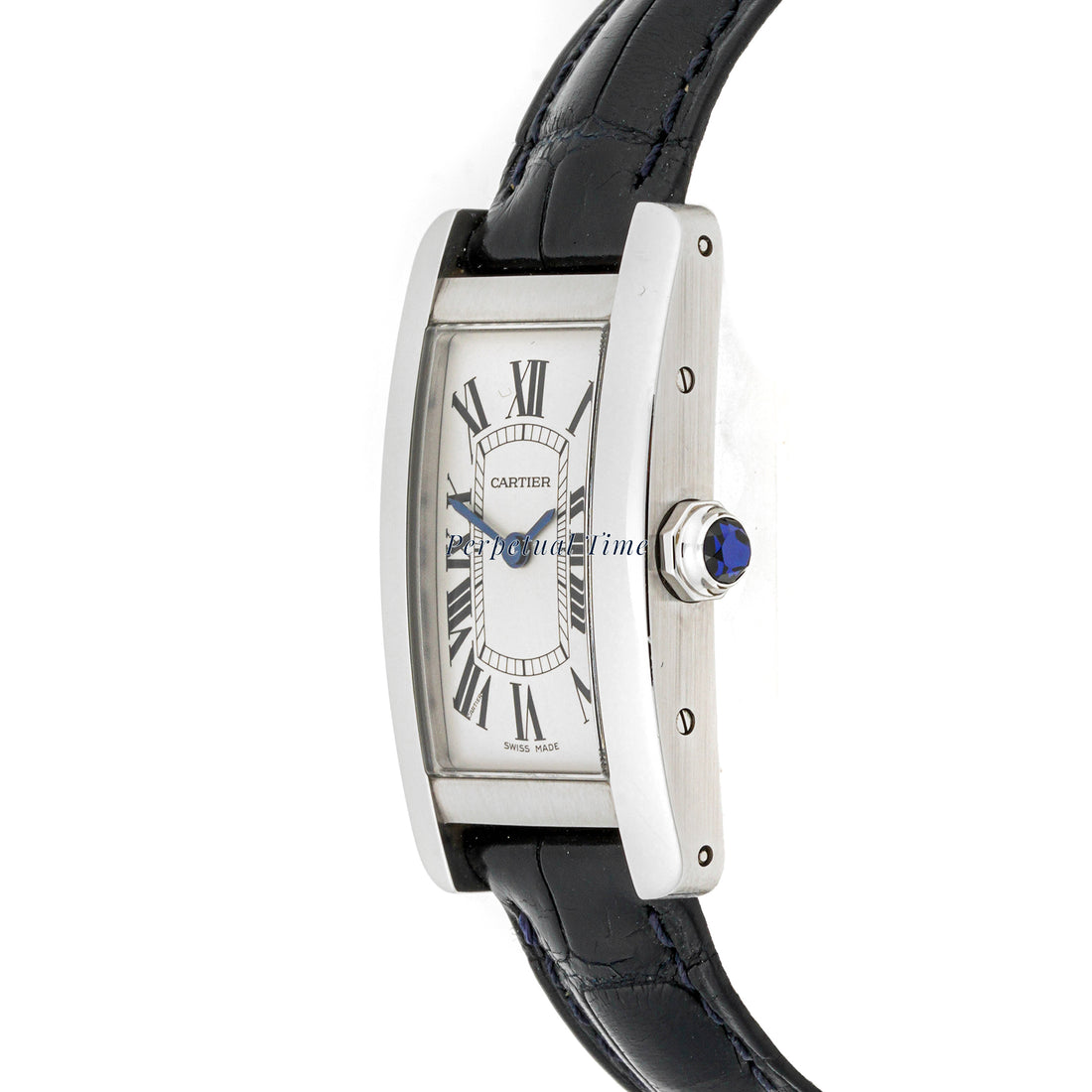 Cartier Tank Américaine Stainless Steel 3970 Silver Roman Dial Black Leather Strap w Deployment Buckle