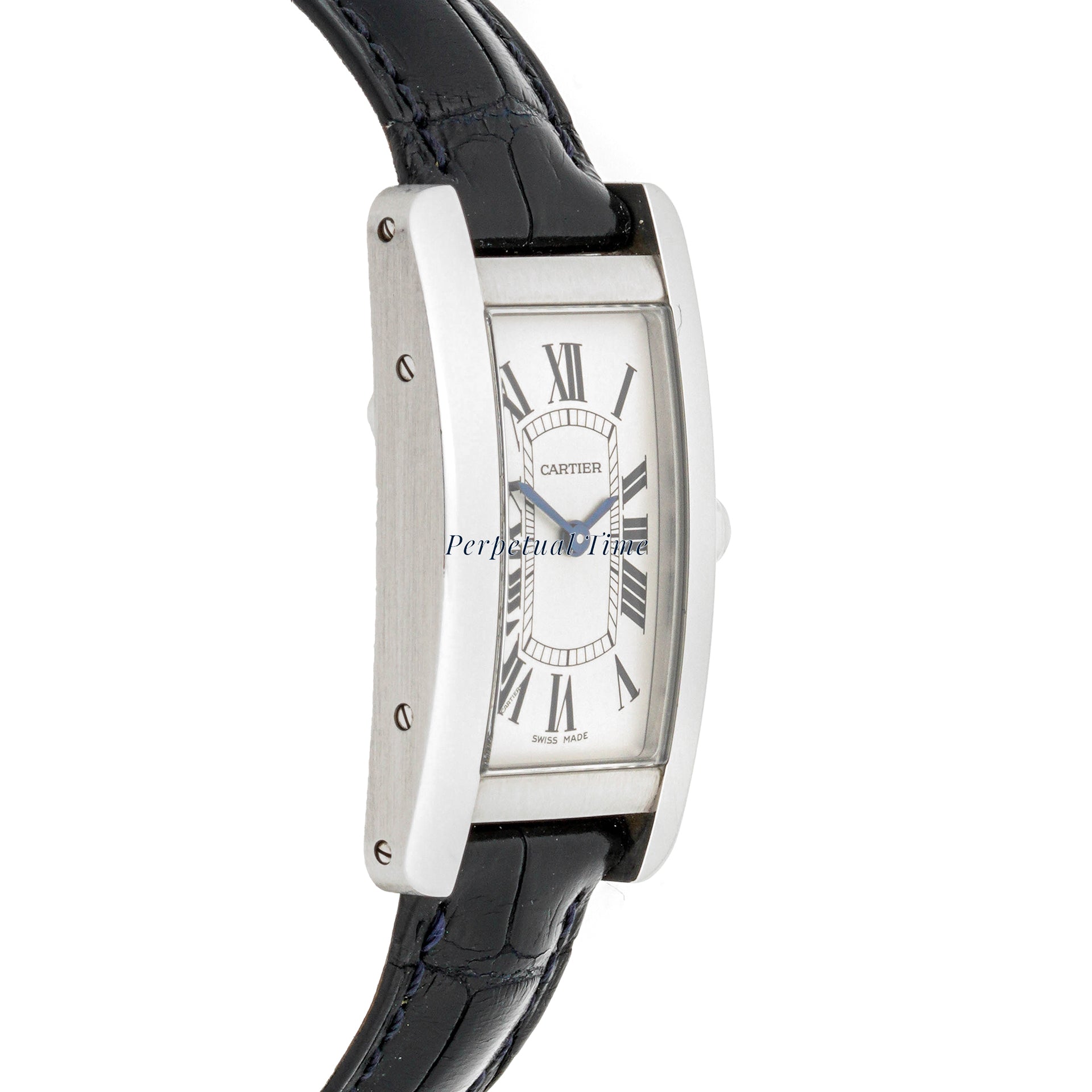 Cartier Tank Américaine Stainless Steel 3970 Silver Roman Dial Black Leather Strap w Deployment Buckle