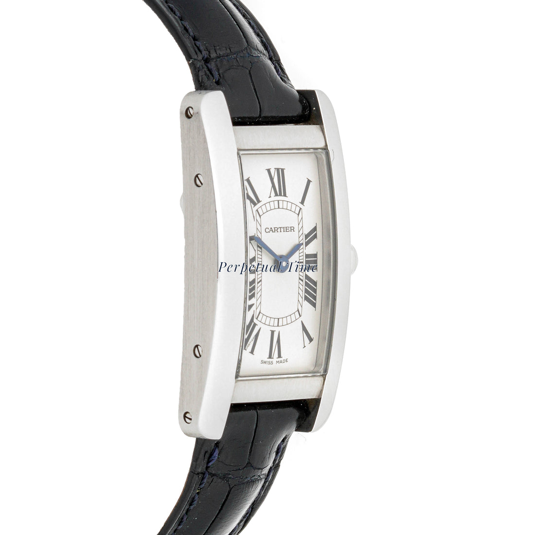 Cartier Tank Américaine Stainless Steel 3970 Silver Roman Dial Black Leather Strap w Deployment Buckle