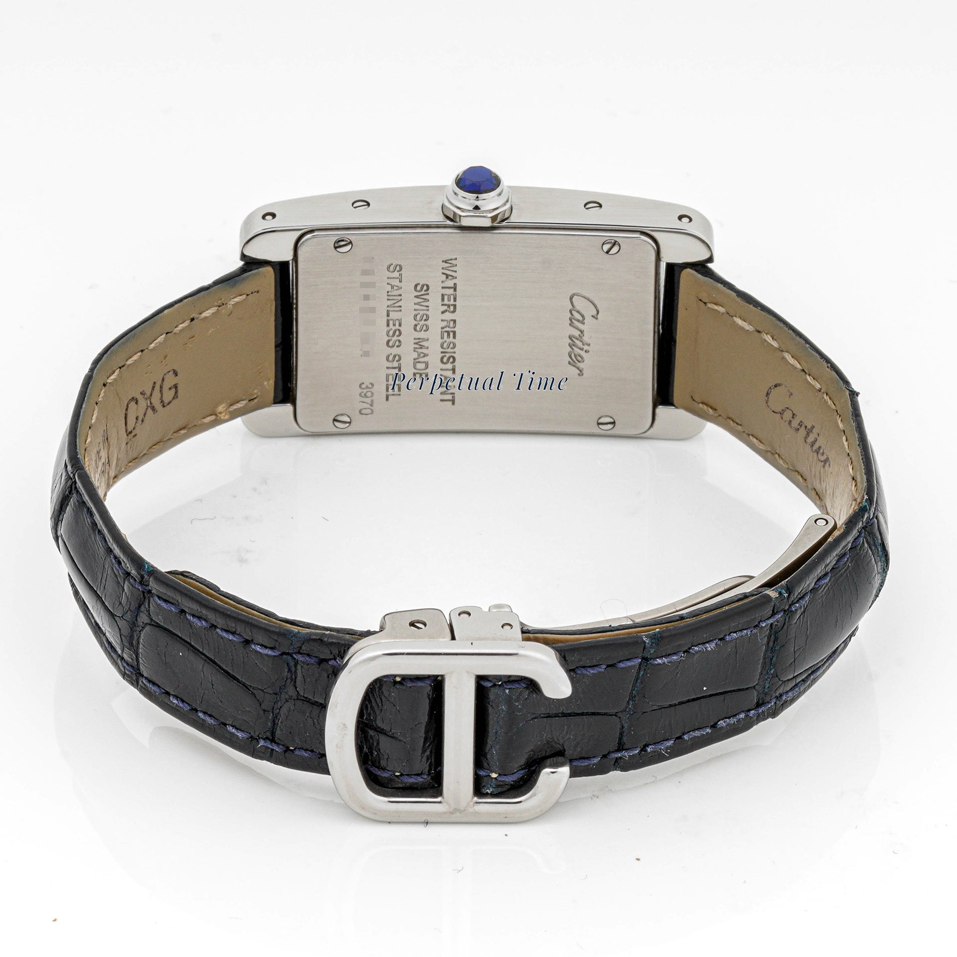 Cartier Tank Américaine Stainless Steel 3970 Silver Roman Dial Black Leather Strap w Deployment Buckle
